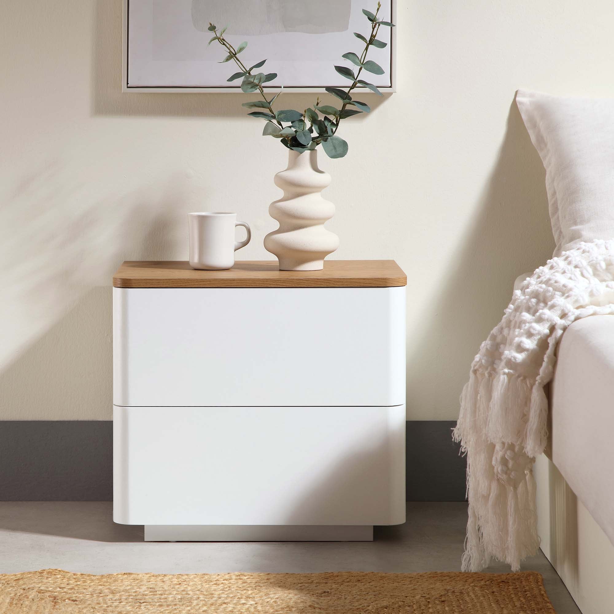 Agnes Curved Edge 2 Drawer Nightstand, Off-White with Oak Top