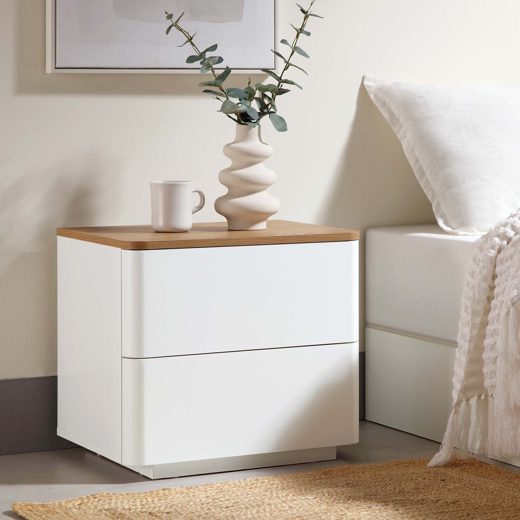 Agnes Curved Edge 2 Drawer Nightstand, Off-White with Oak Top