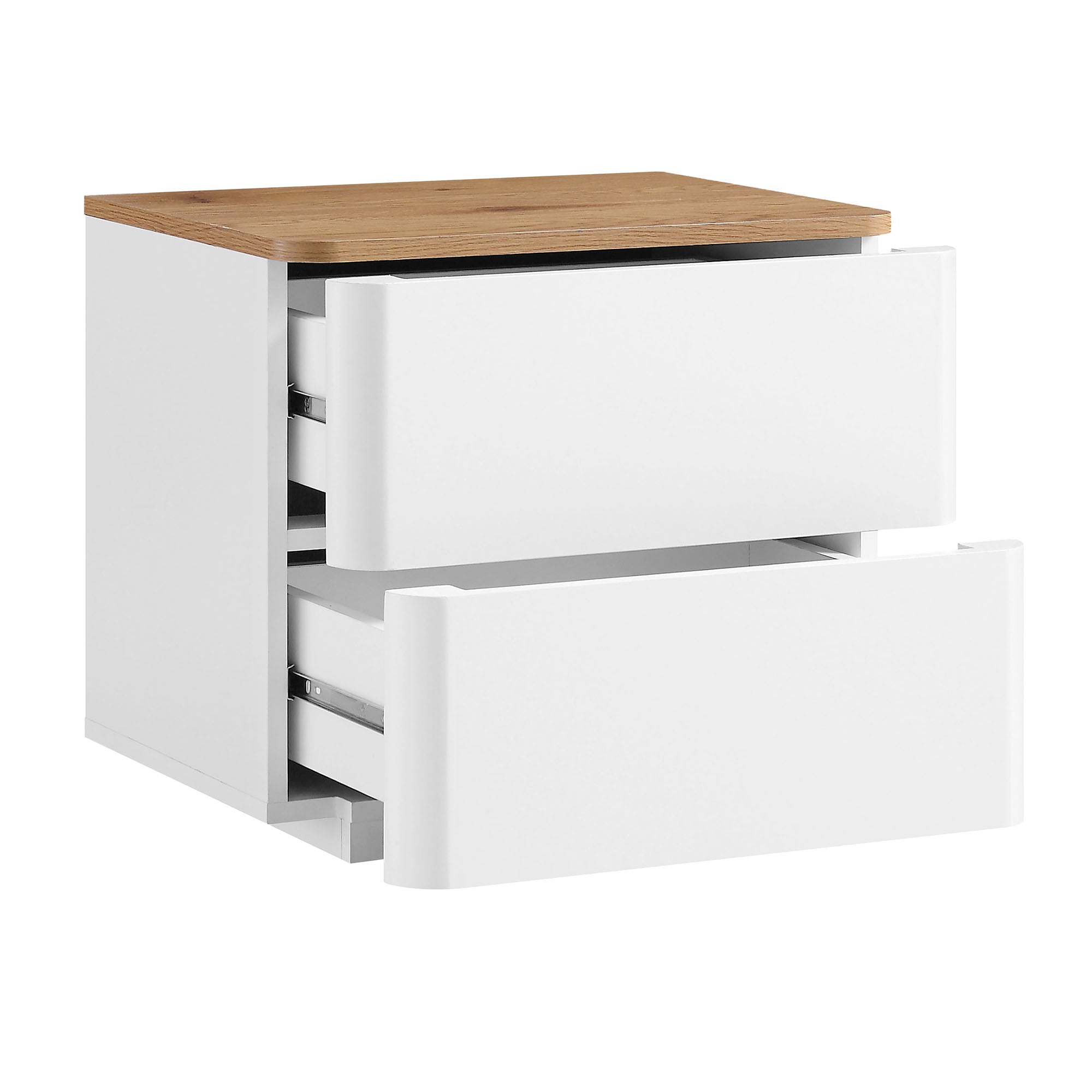 Agnes Curved Edge 2 Drawer Nightstand, Off-White with Oak Top