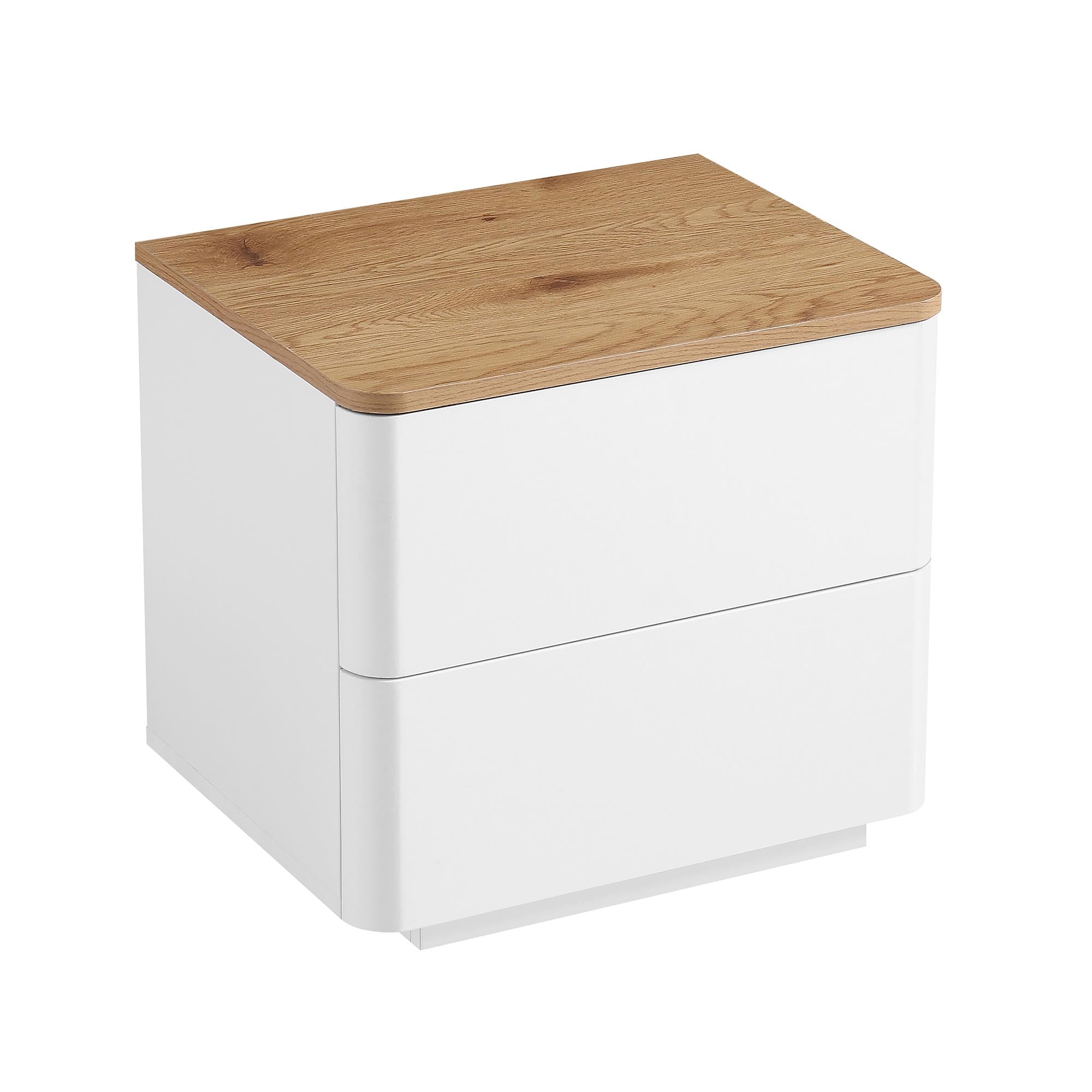 Agnes Curved Edge 2 Drawer Nightstand, Off-White with Oak Top