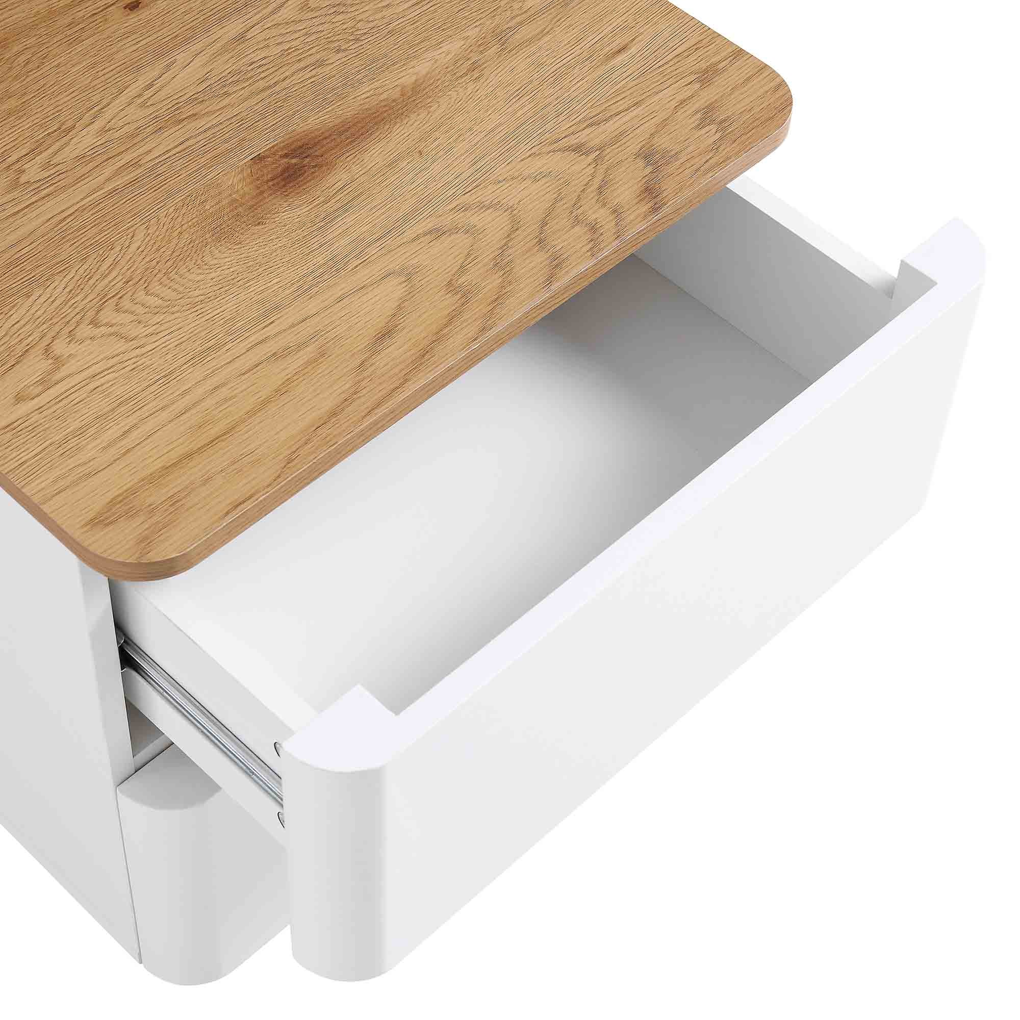 Agnes Curved Edge 2 Drawer Nightstand, Off-White with Oak Top