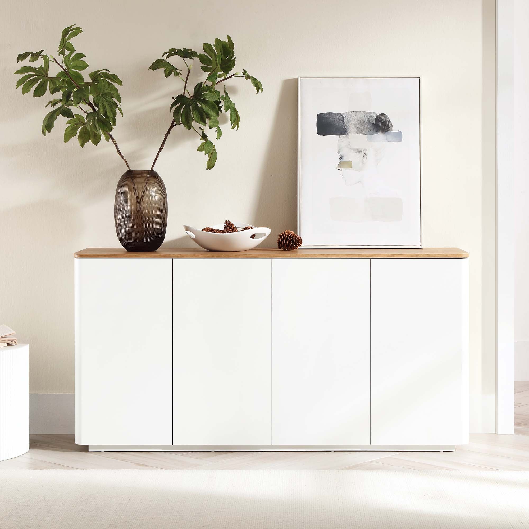 Agnes Curved Edge 59 in. Wide Sideboard, Off-White with Oak Top