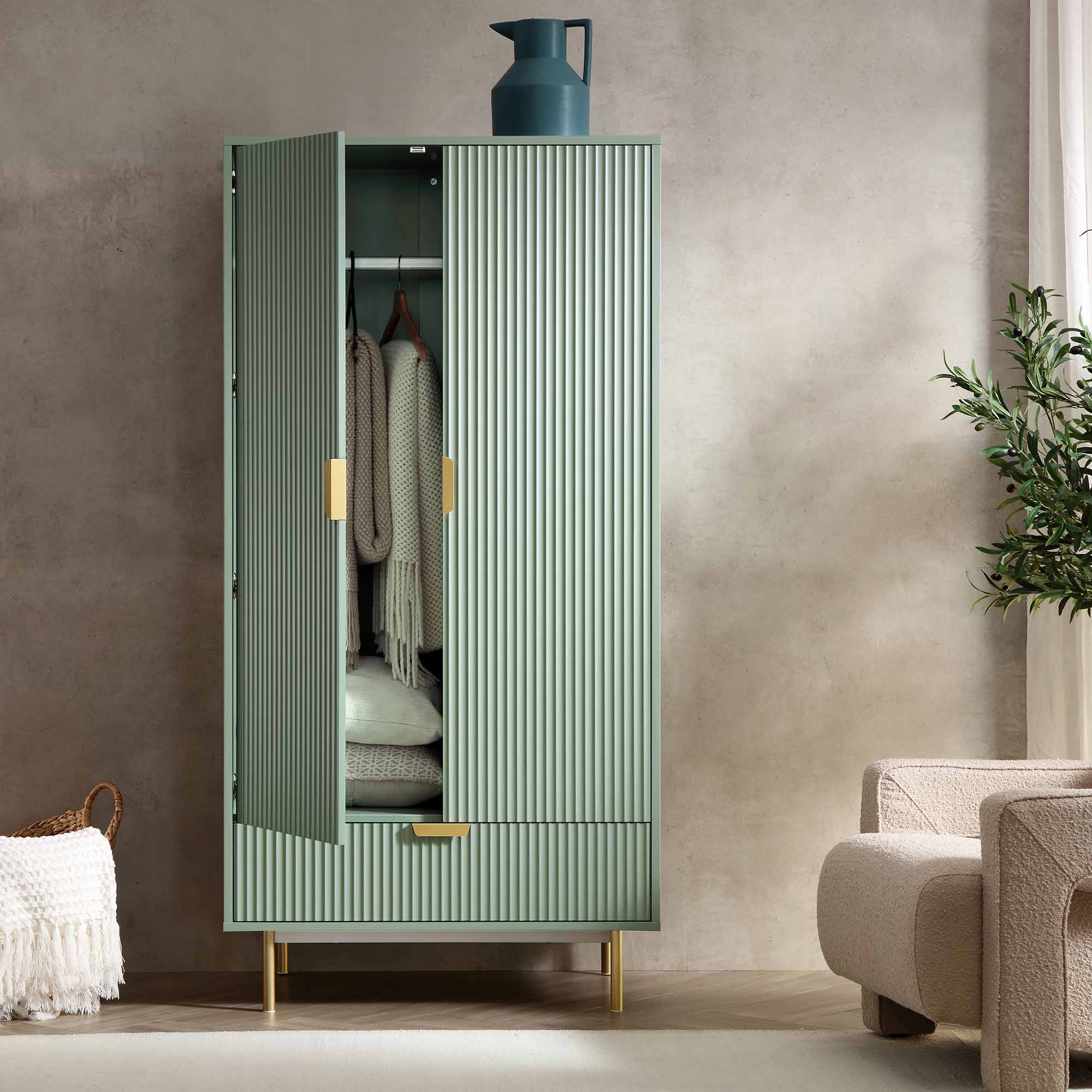 Richmond Ridged Double Closet with Drawer, Matte Sage Green