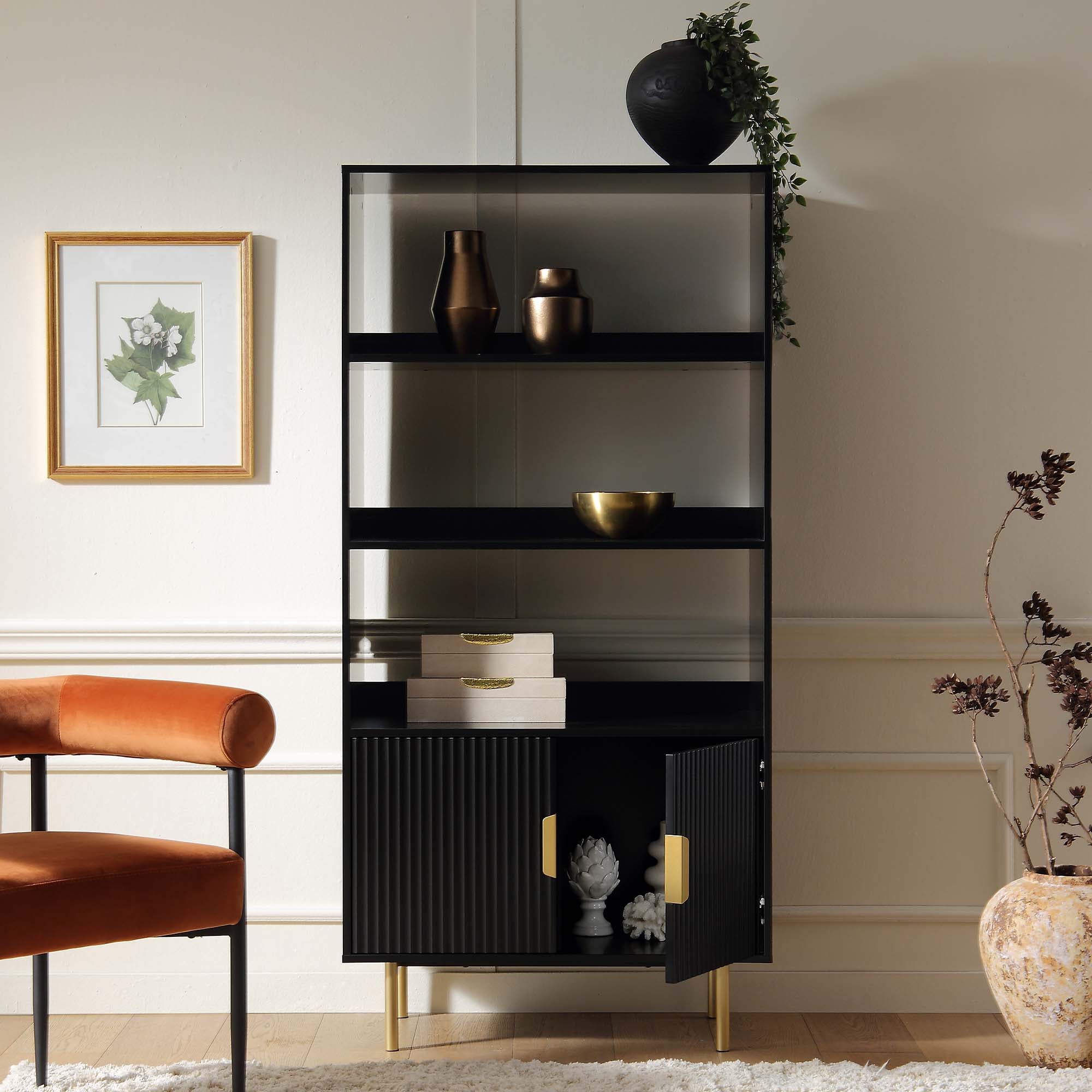 Richmond Ridged Tall Bookcase with Doors, Matte Black