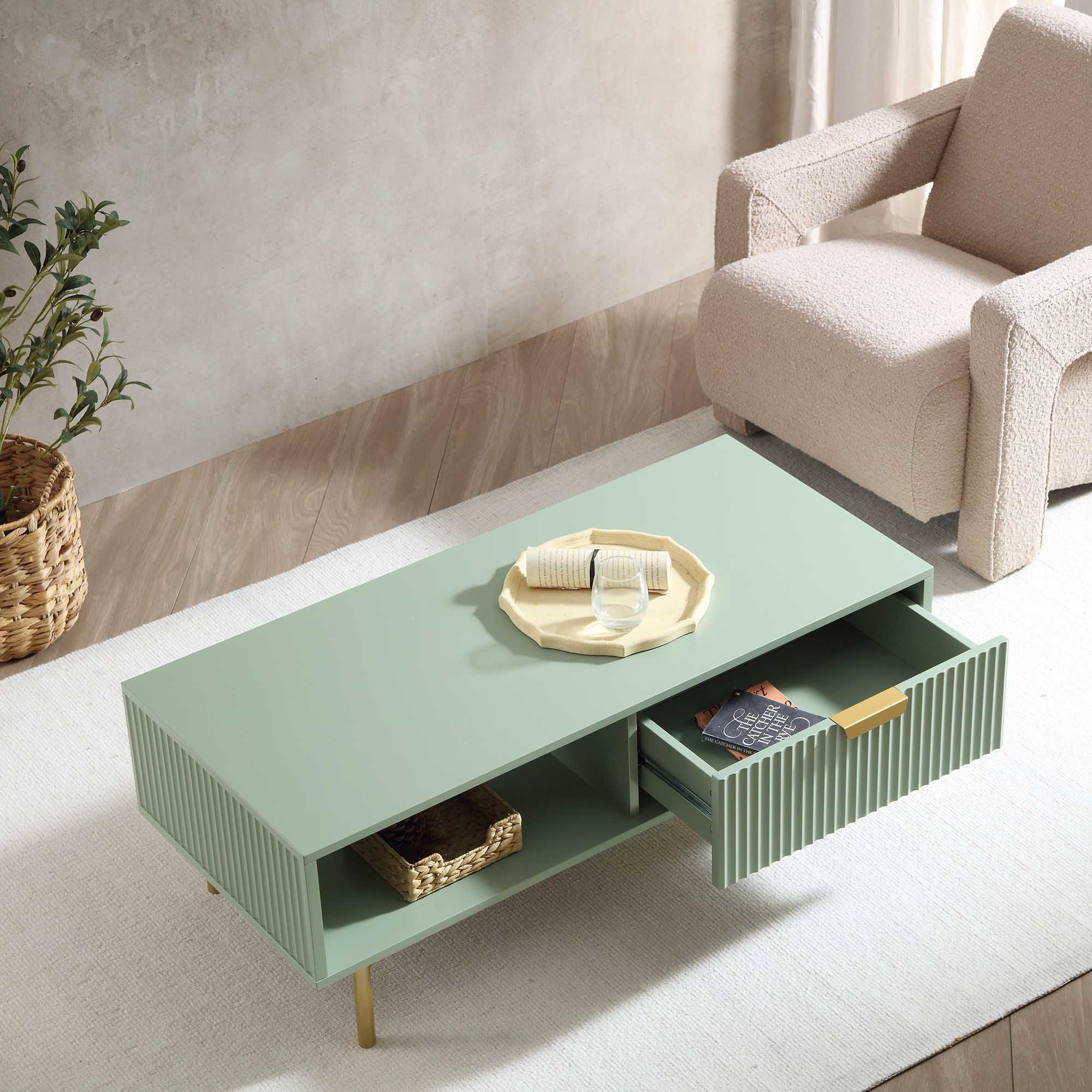 Richmond Ridged Coffee Table with Drawer, Matte Sage Green