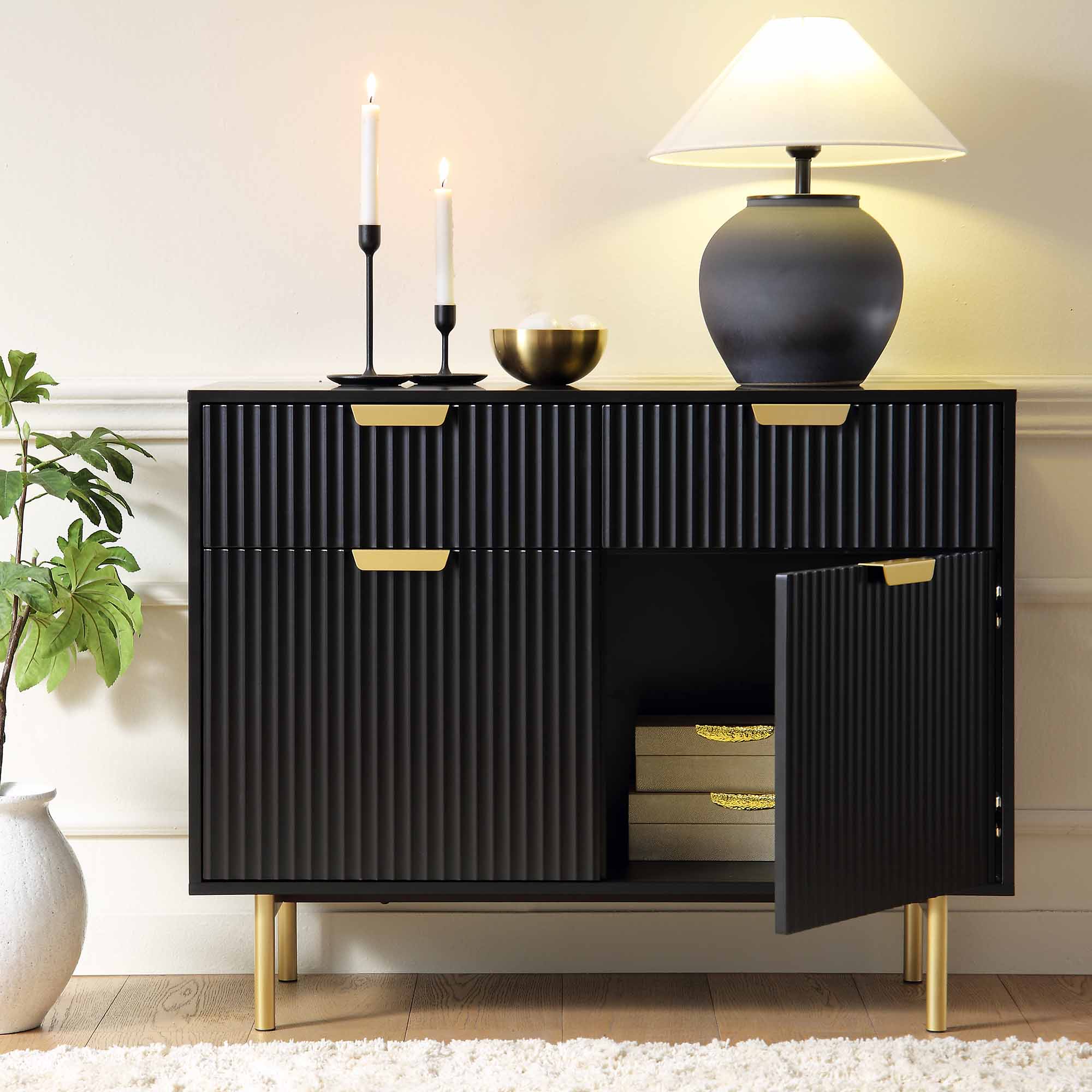 Richmond Ridged 2-Door Cabinet with Drawers, Matte Black