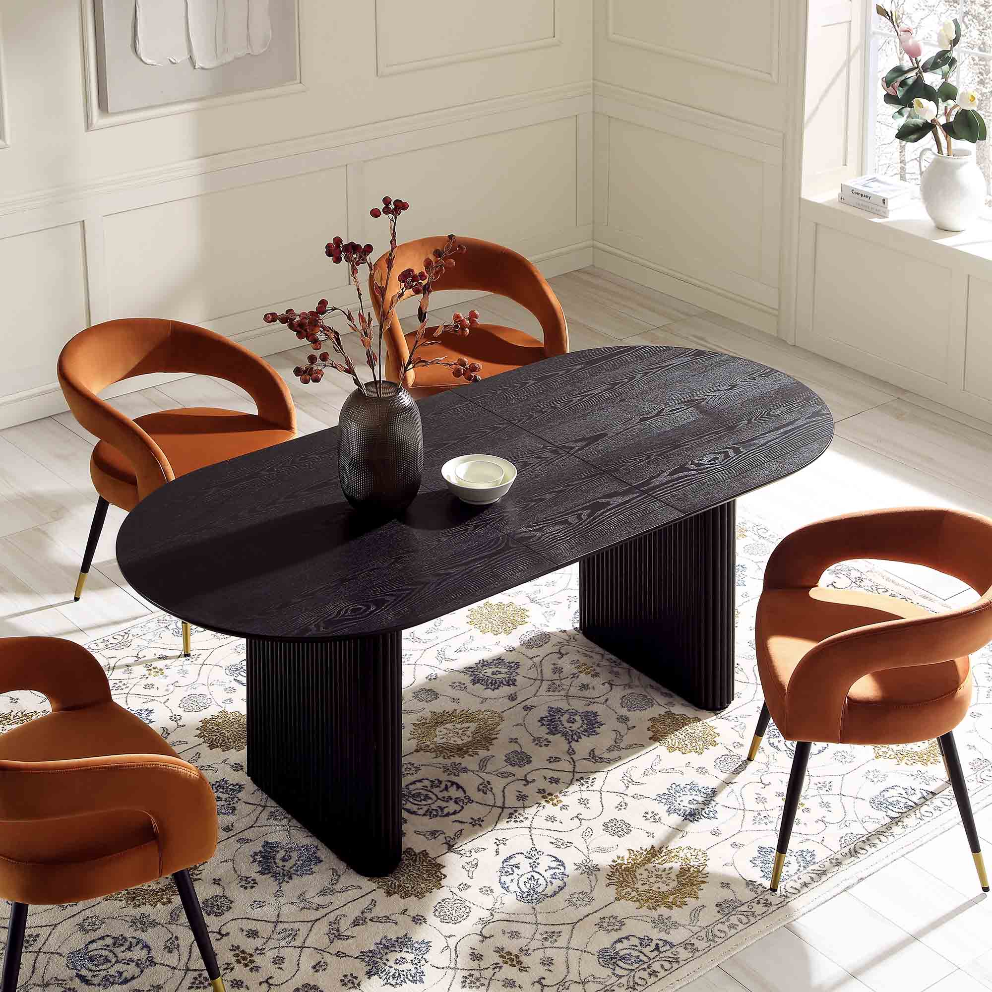 Maru Oval 6-8 Seater Extending Oak Pedestal Dining Table, Black