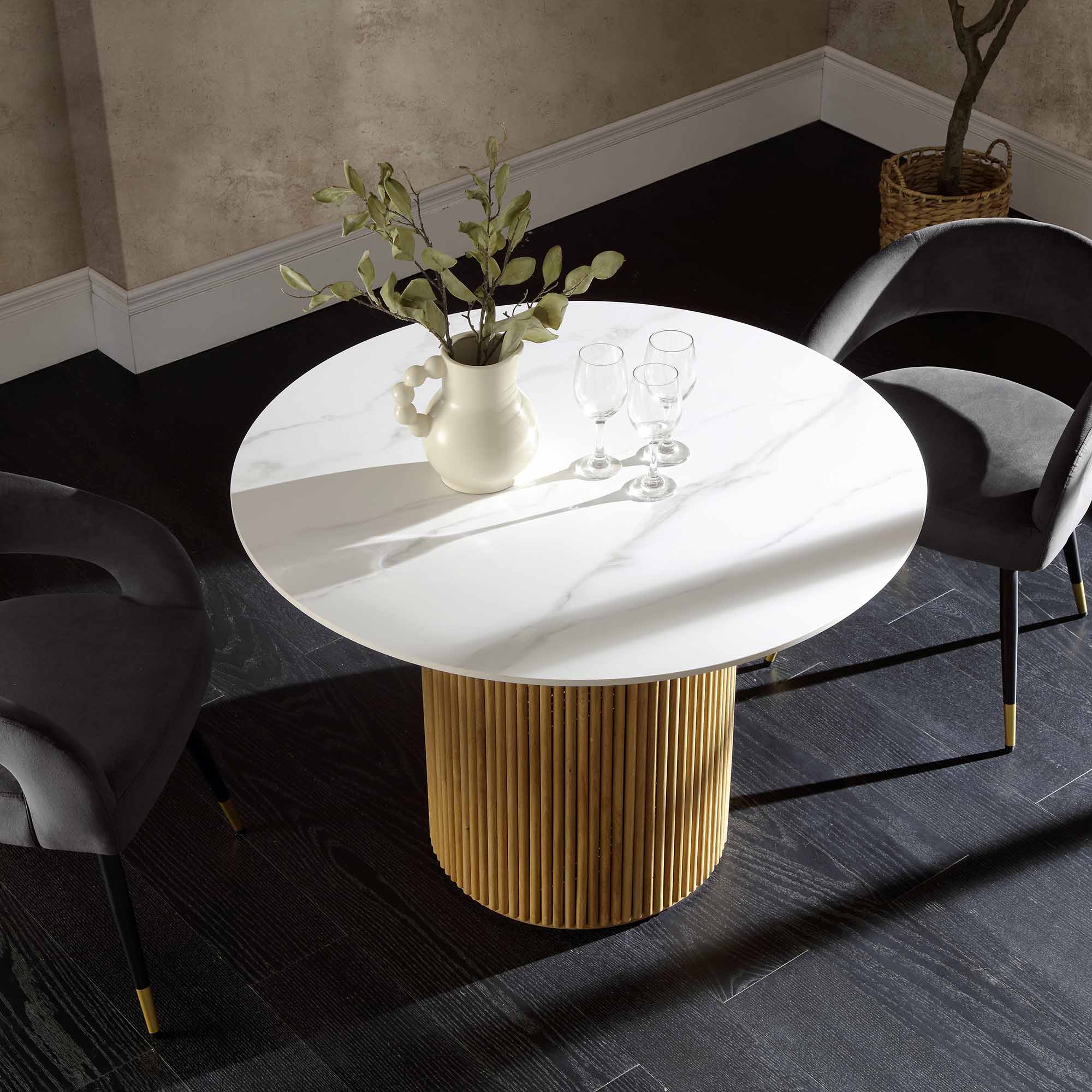 Maru Ceramic Top Oak Pedestal Round Dining Table