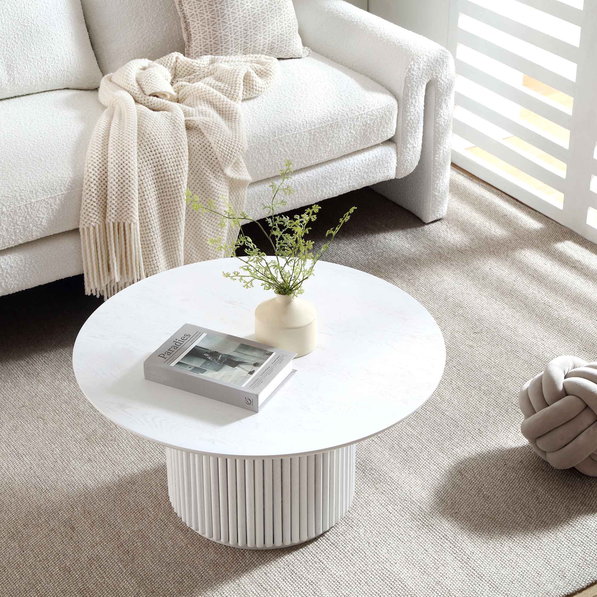 Maru Round Oak Pedestal Coffee Table, Washed White