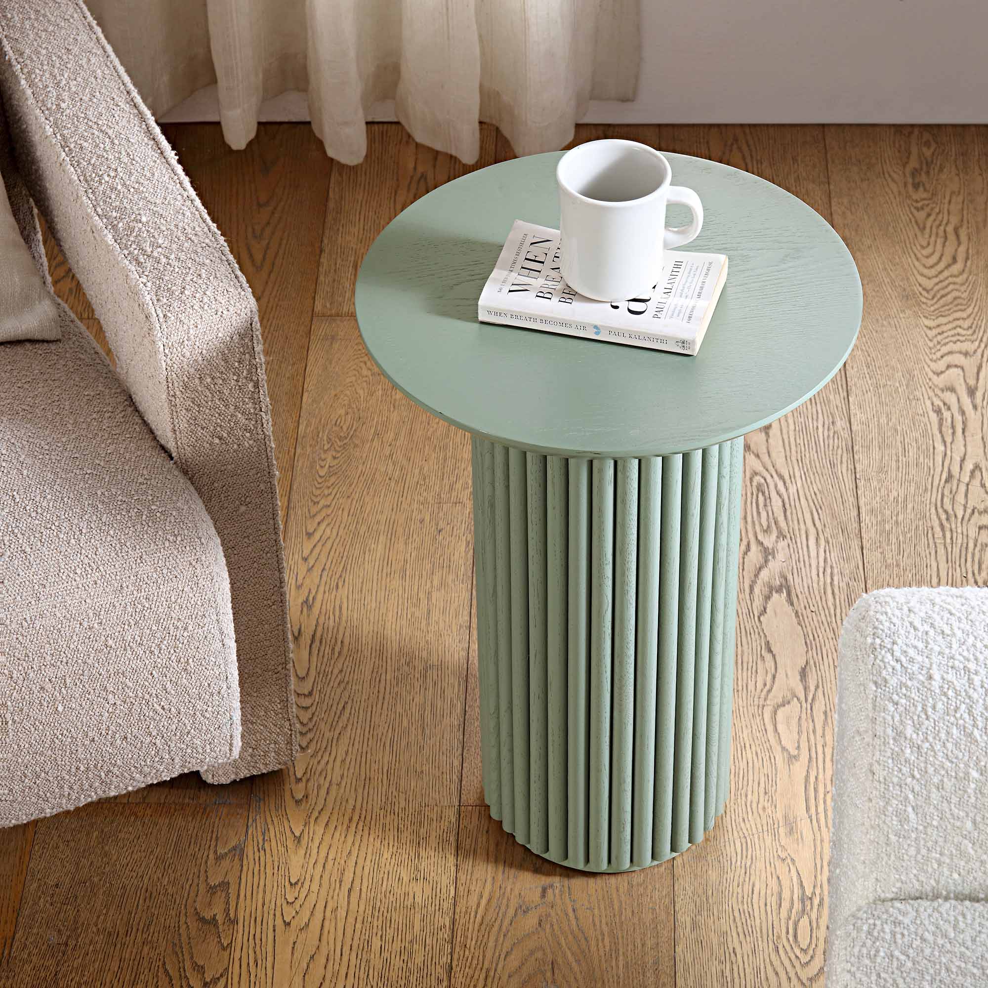 Maru Oak Round Side Table, Sage Green