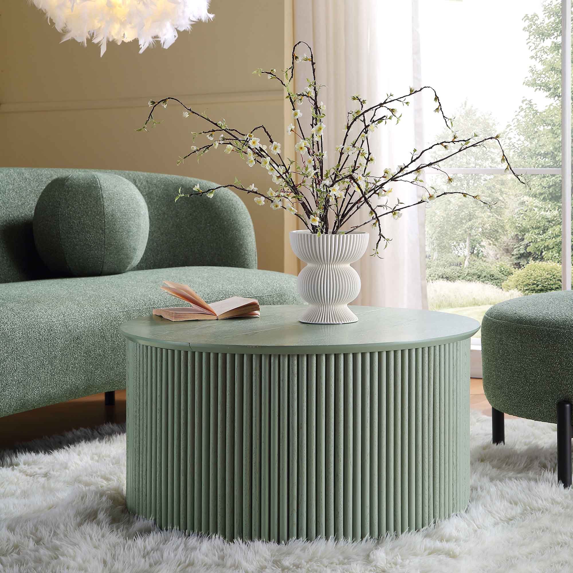 Maru Oak Round Coffee Table with Storage, Sage Green