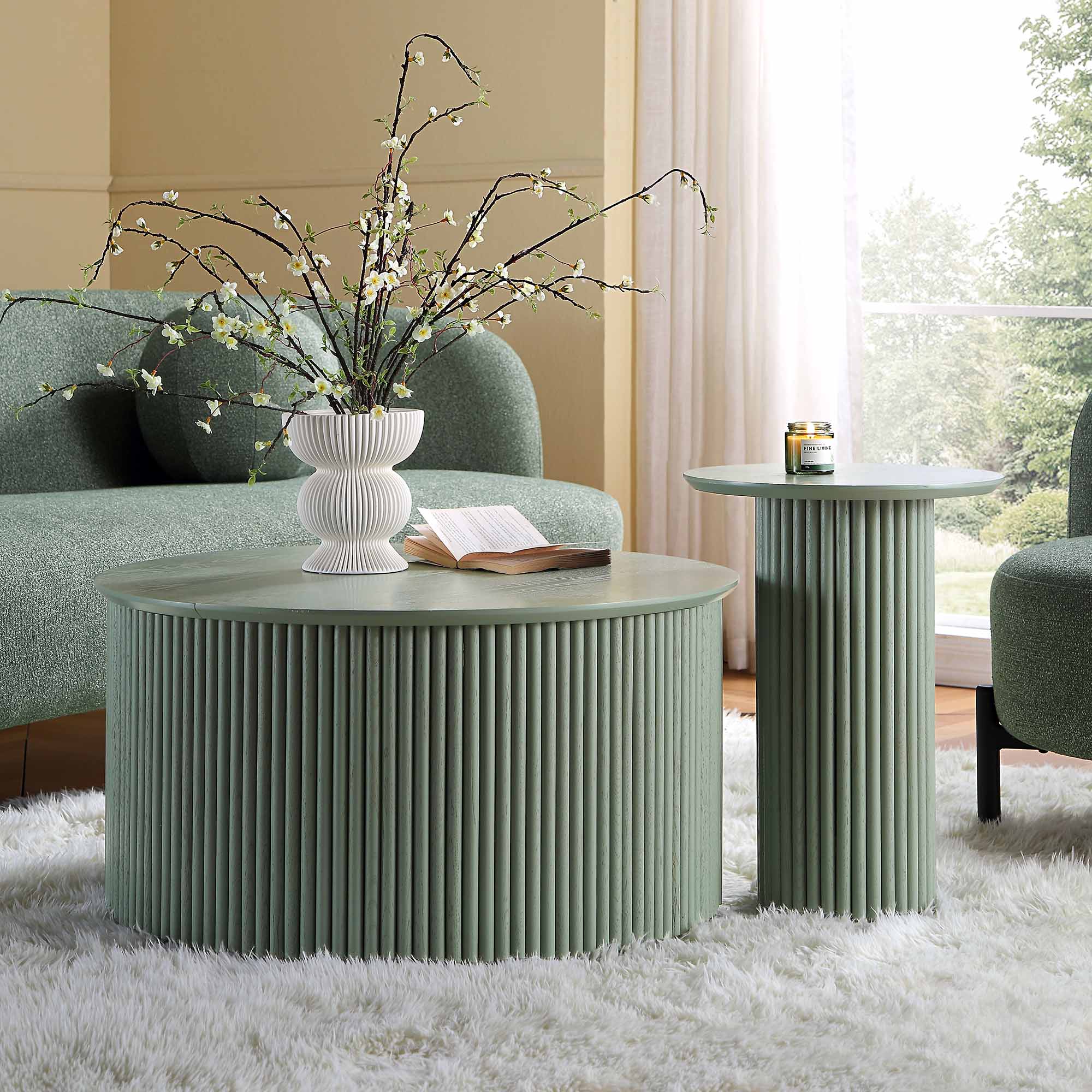 Maru Oak Round Coffee Table with Storage, Sage Green