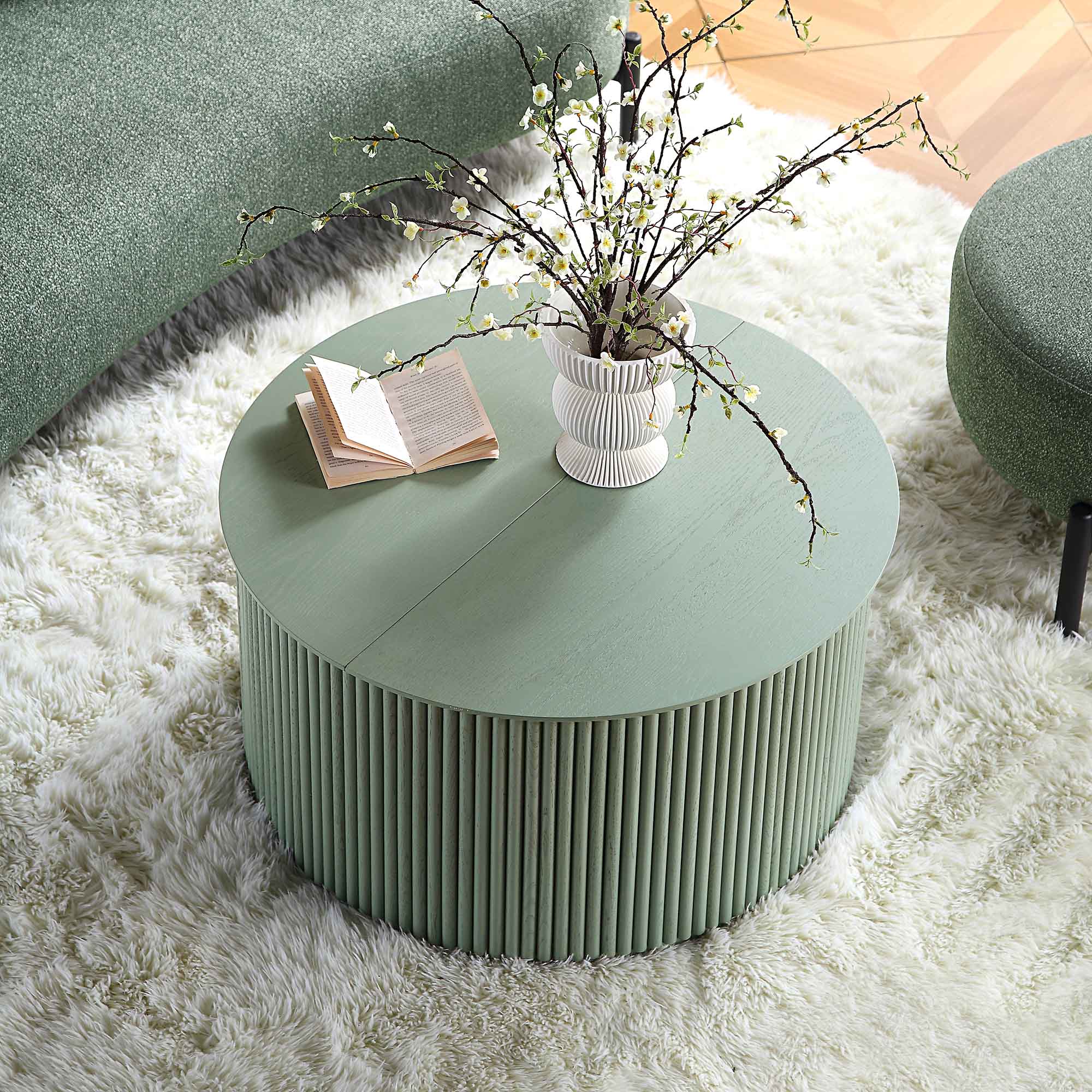 Maru Oak Round Coffee Table with Storage, Sage Green