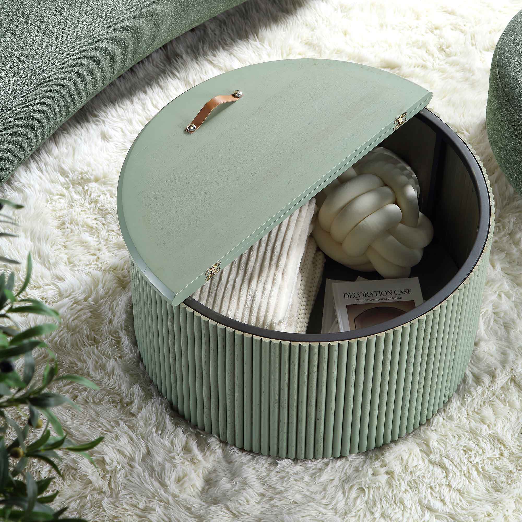 Maru Oak Round Coffee Table with Storage, Sage Green