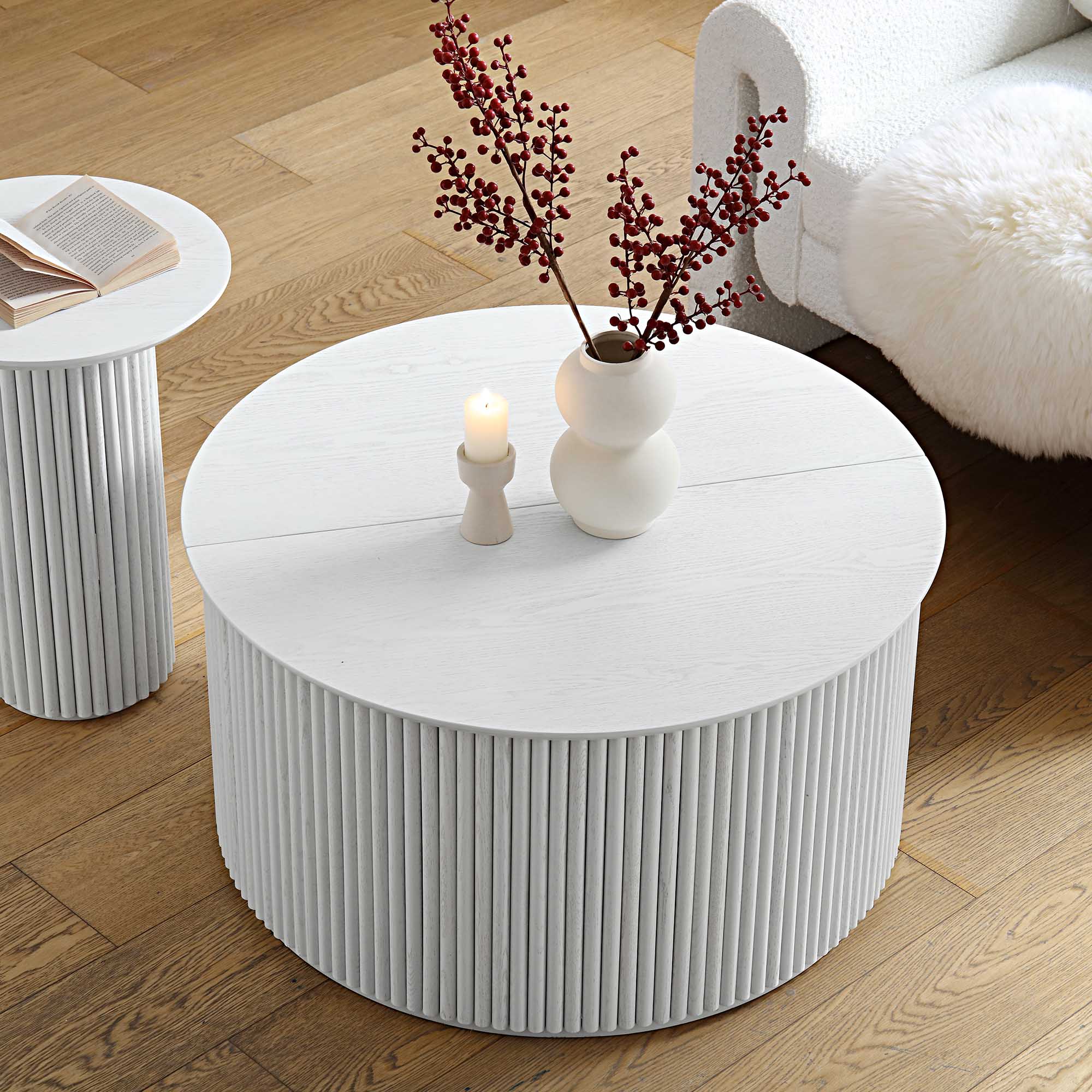 Maru Oak Round Coffee Table with Storage, Washed White