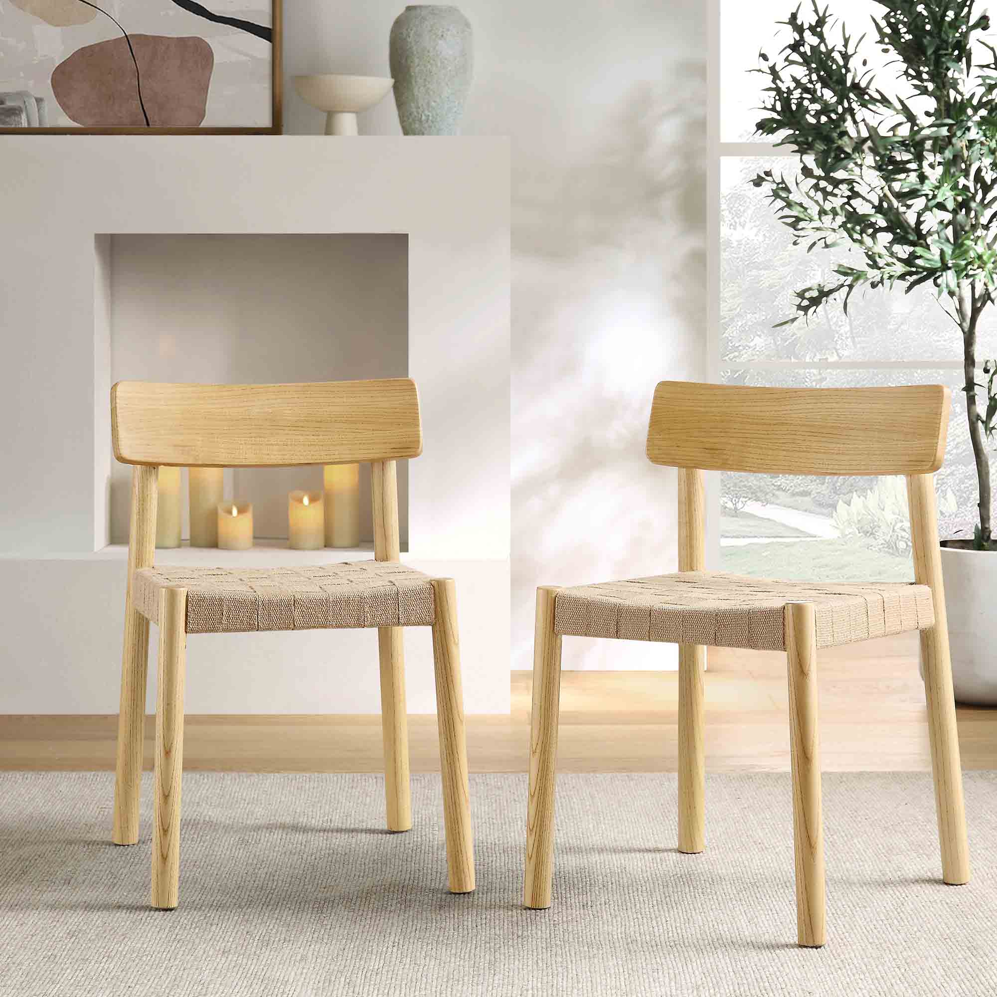 Ditton Set of 2 Elm Wood and Jute Dining Chairs, Natural