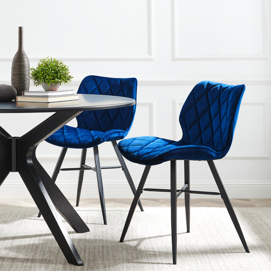 Ampney Velvet Diamond Stitch Set of 2 Dining Chairs with Metal Legs (Blue Velvet)