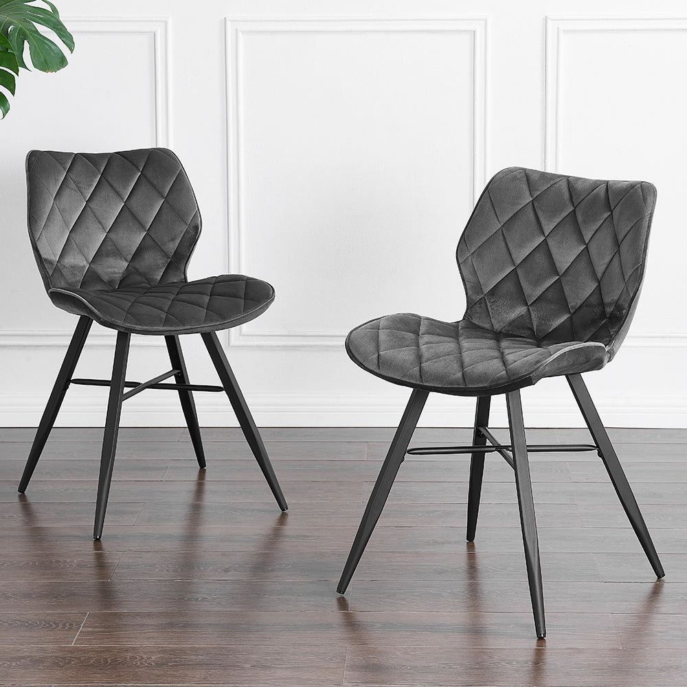 Ampney Velvet Diamond Stitch Set of 2 Dining Chairs with Metal Legs (Dark Grey Velvet)