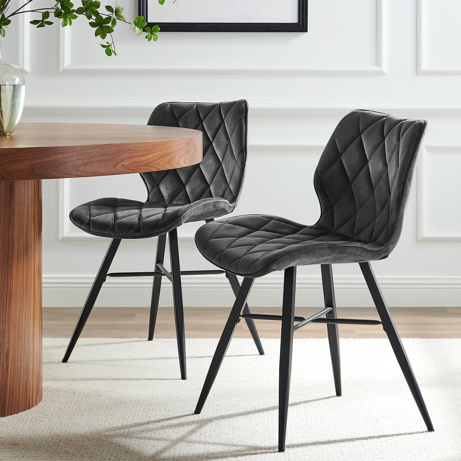 Ampney Velvet Diamond Stitch Set of 2 Dining Chairs with Metal Legs (Dark Grey Velvet)