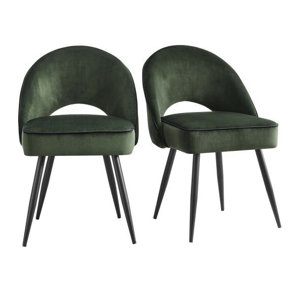 Oakley Set of 2 Dark Green Velvet Upholstered Dining Chairs with Contrast Piping