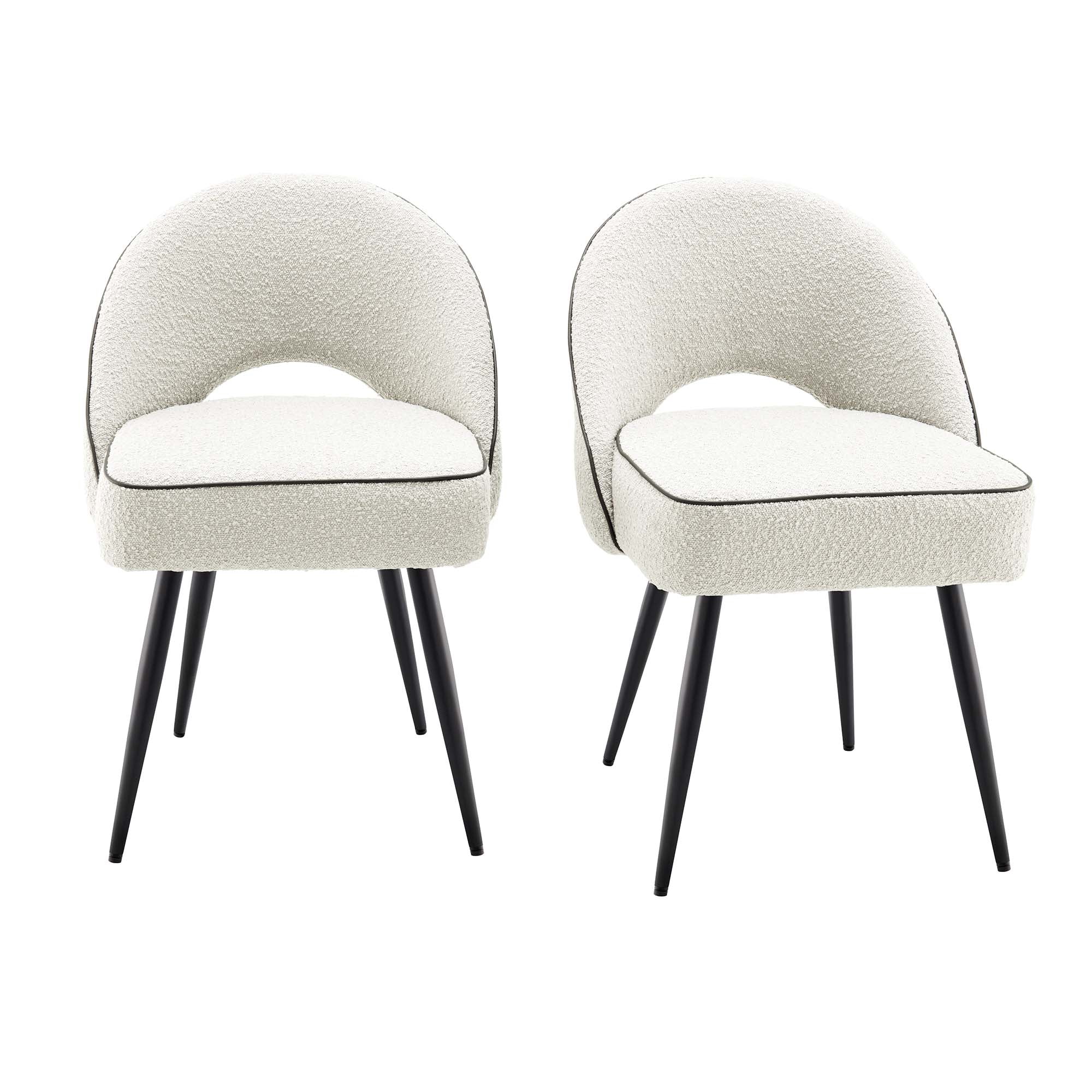 Oakley Set of 2 White Boucle Upholstered Dining Chairs with Piping