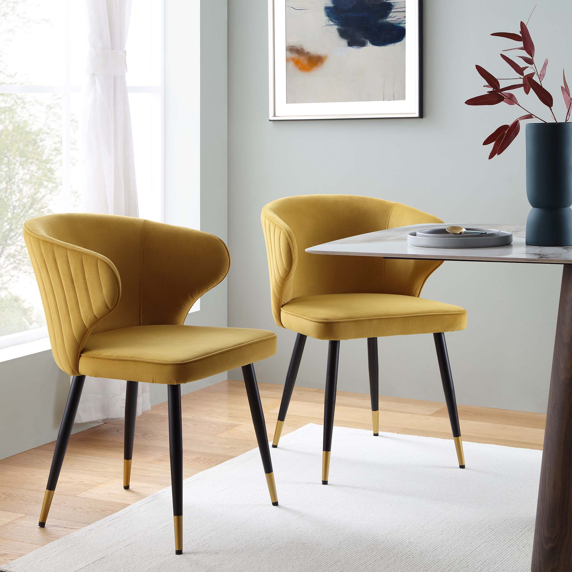 Langham Set of 2 Mustard Velvet Upholstered Carver Dining Chairs