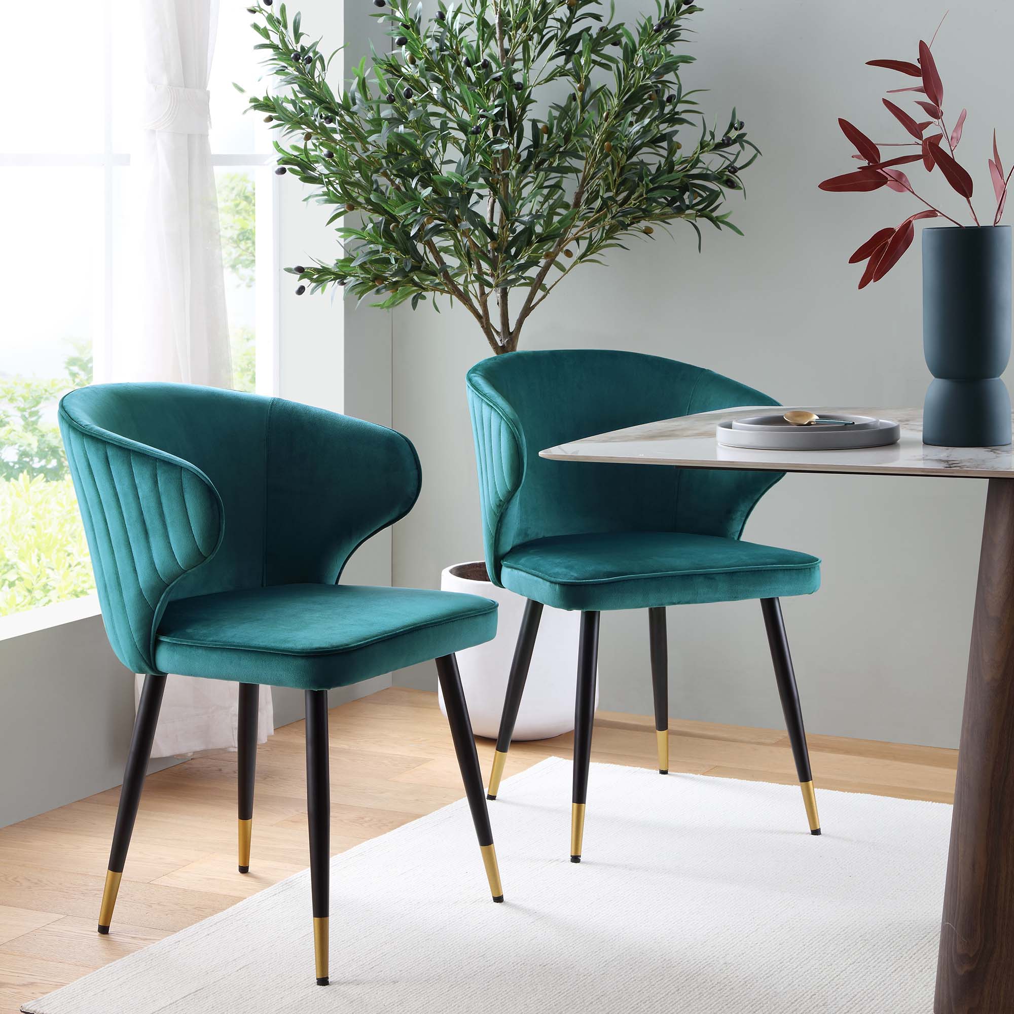 Langham Set of 2 Teal Velvet Upholstered Carver Dining Chairs