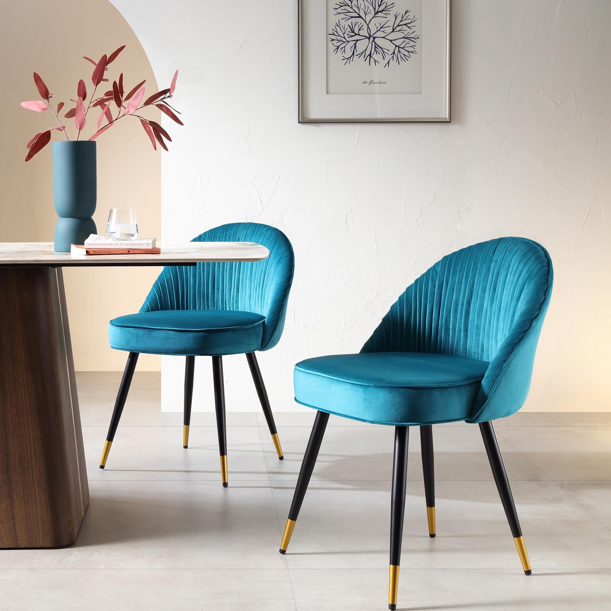 Miyae Set of 2 Pleated Teal Velvet Upholstered Dining Chairs