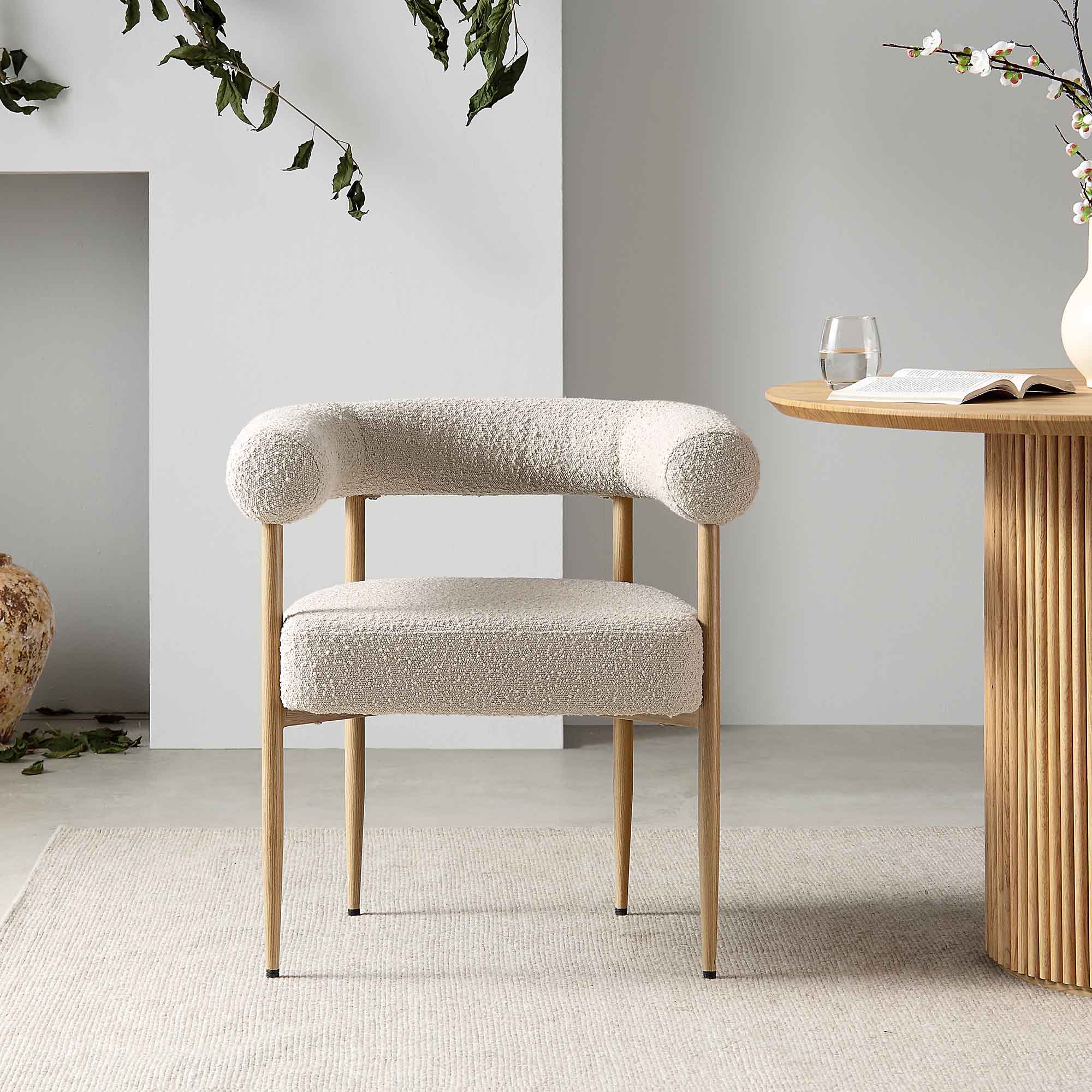 Fulbourn Taupe Boucle Dining Chair with Natural Wood Effect Legs