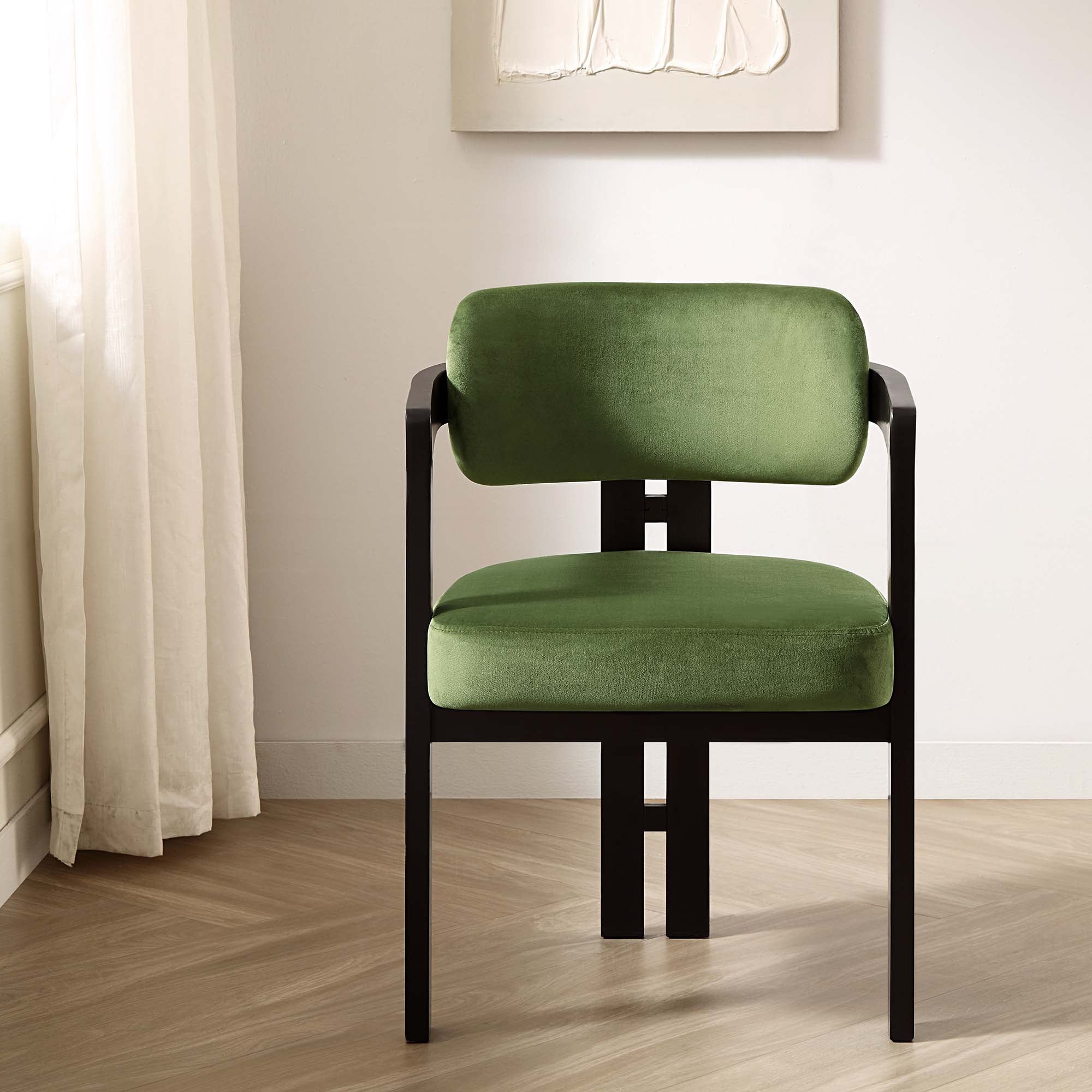 Stanford Curved Black Wood Frame Moss Green Velvet Chair