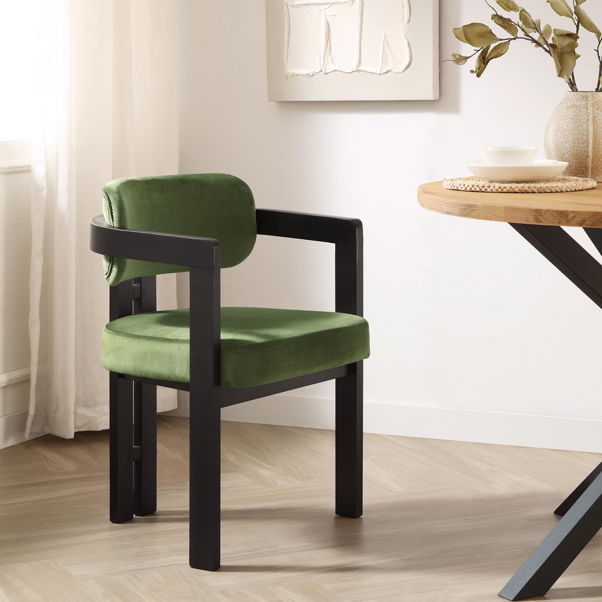 Stanford Curved Black Wood Frame Moss Green Velvet Chair