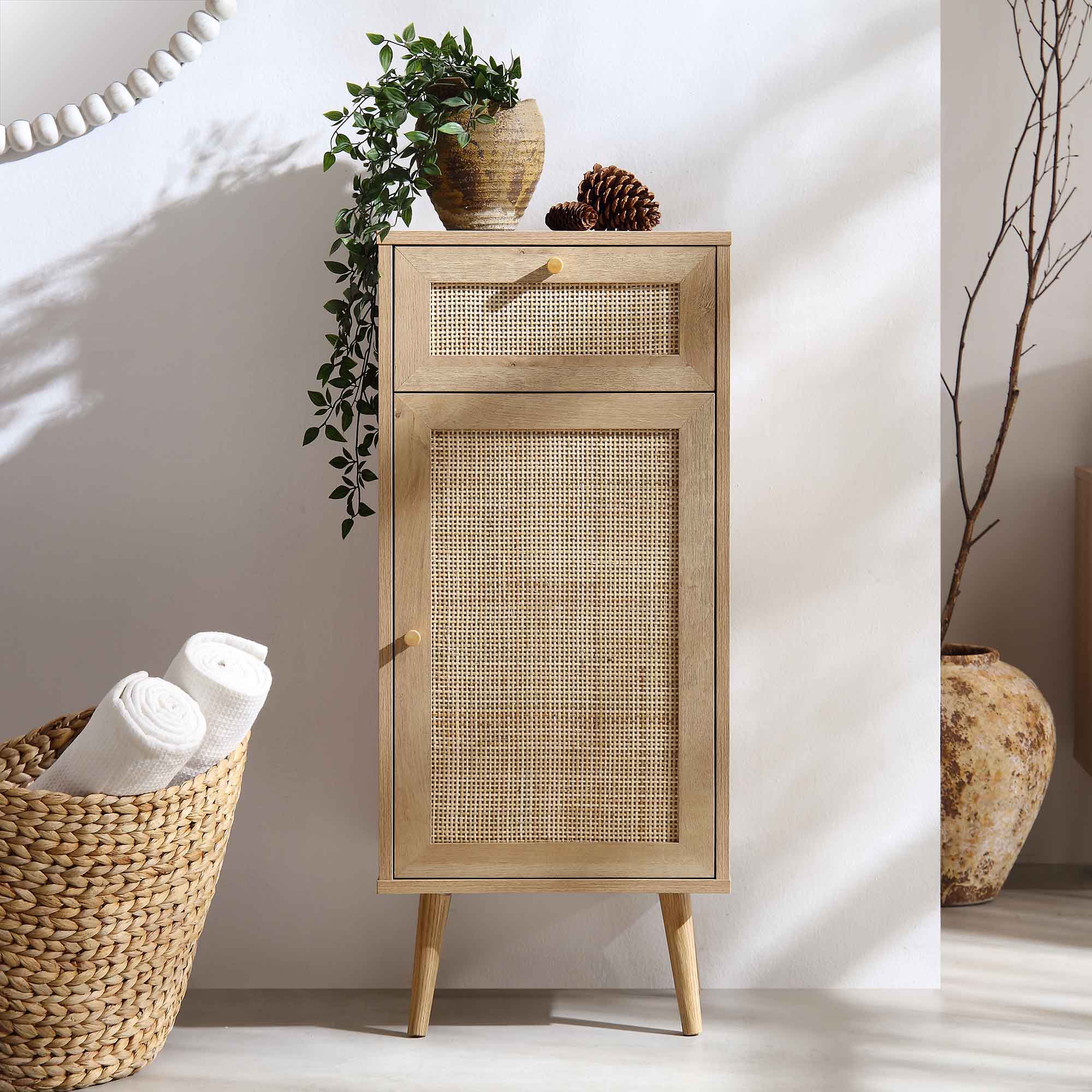 Frances Woven Rattan 1-Door Bathroom Cabinet, Natural