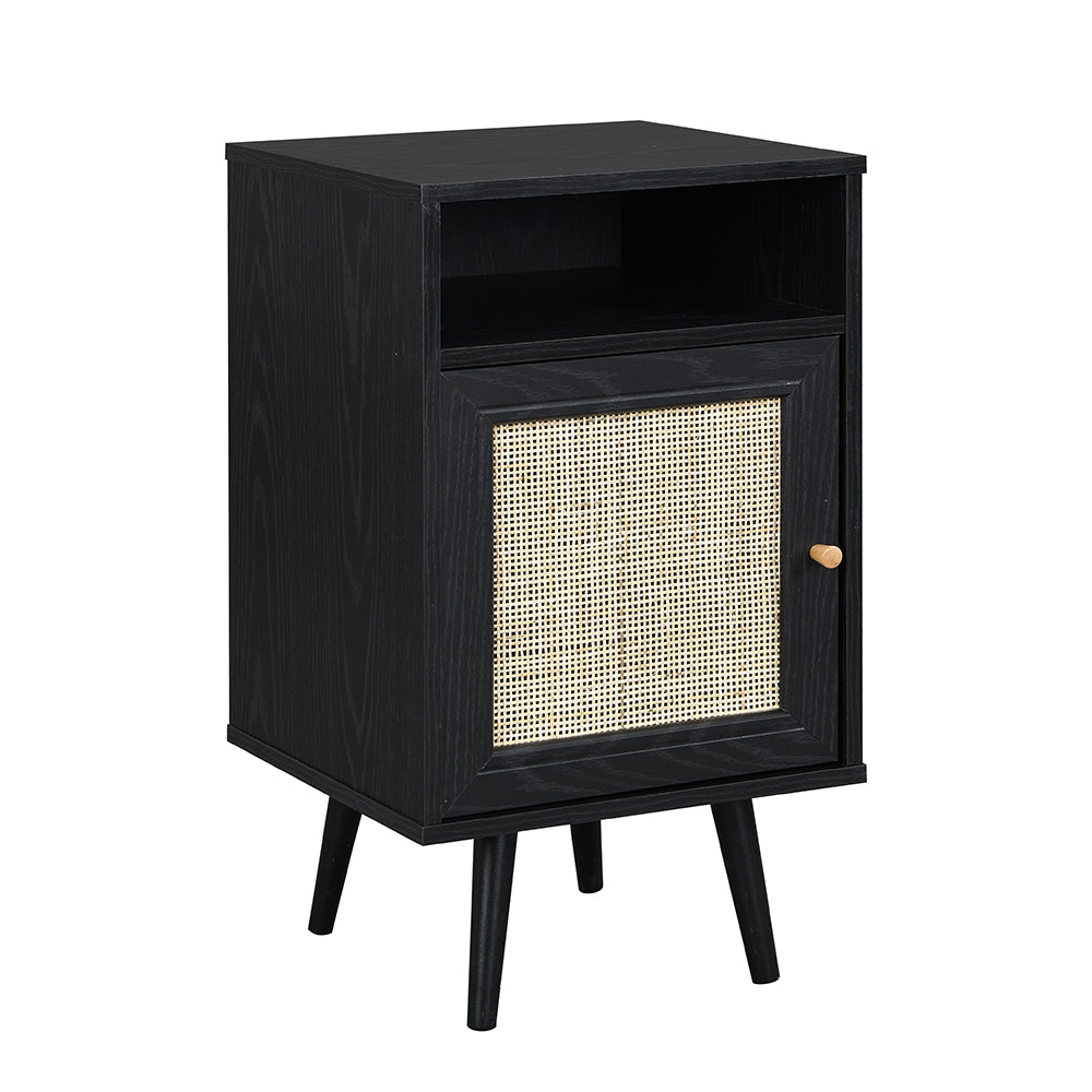 Frances Woven Rattan 1-Door Nightstand in Black