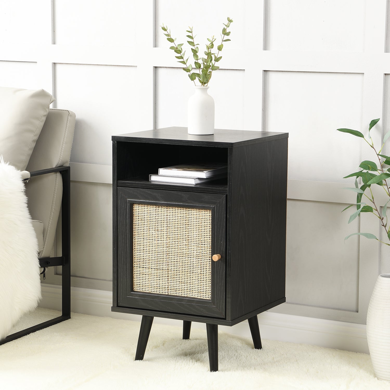 Frances Woven Rattan 1-Door Nightstand in Black