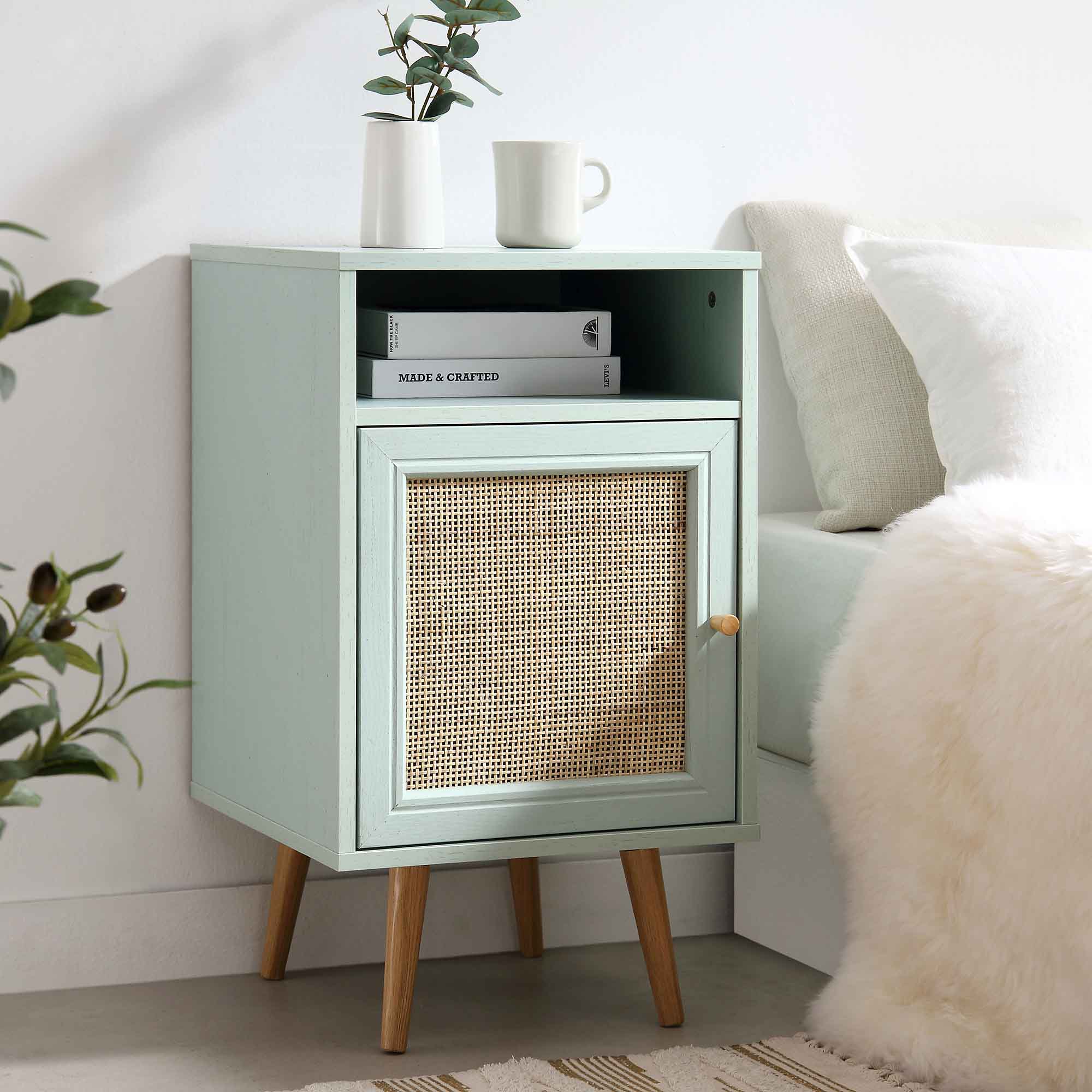 Frances Woven Rattan 1-Door Nightstand in Mint