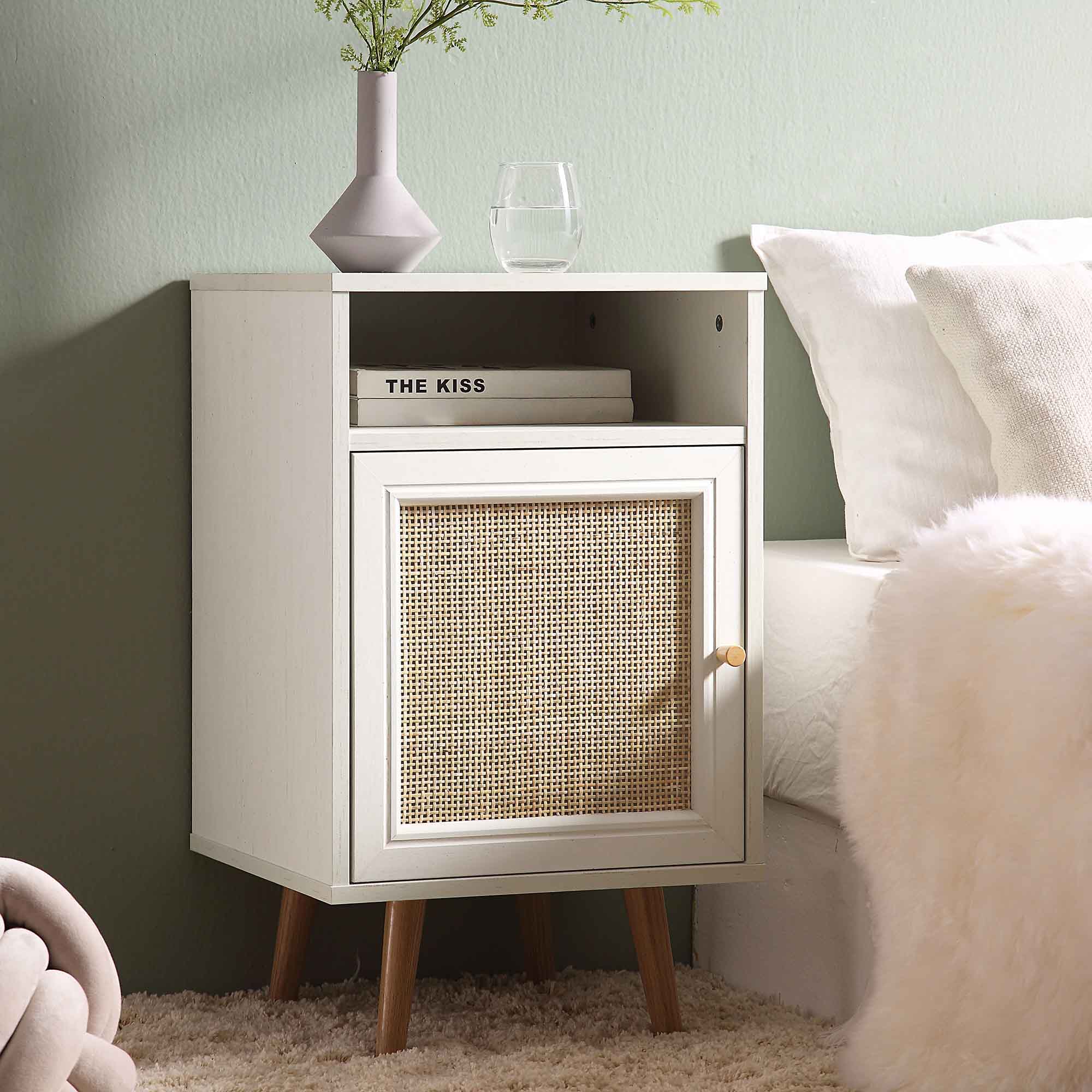 Frances Woven Rattan 1-Door Nightstand in White