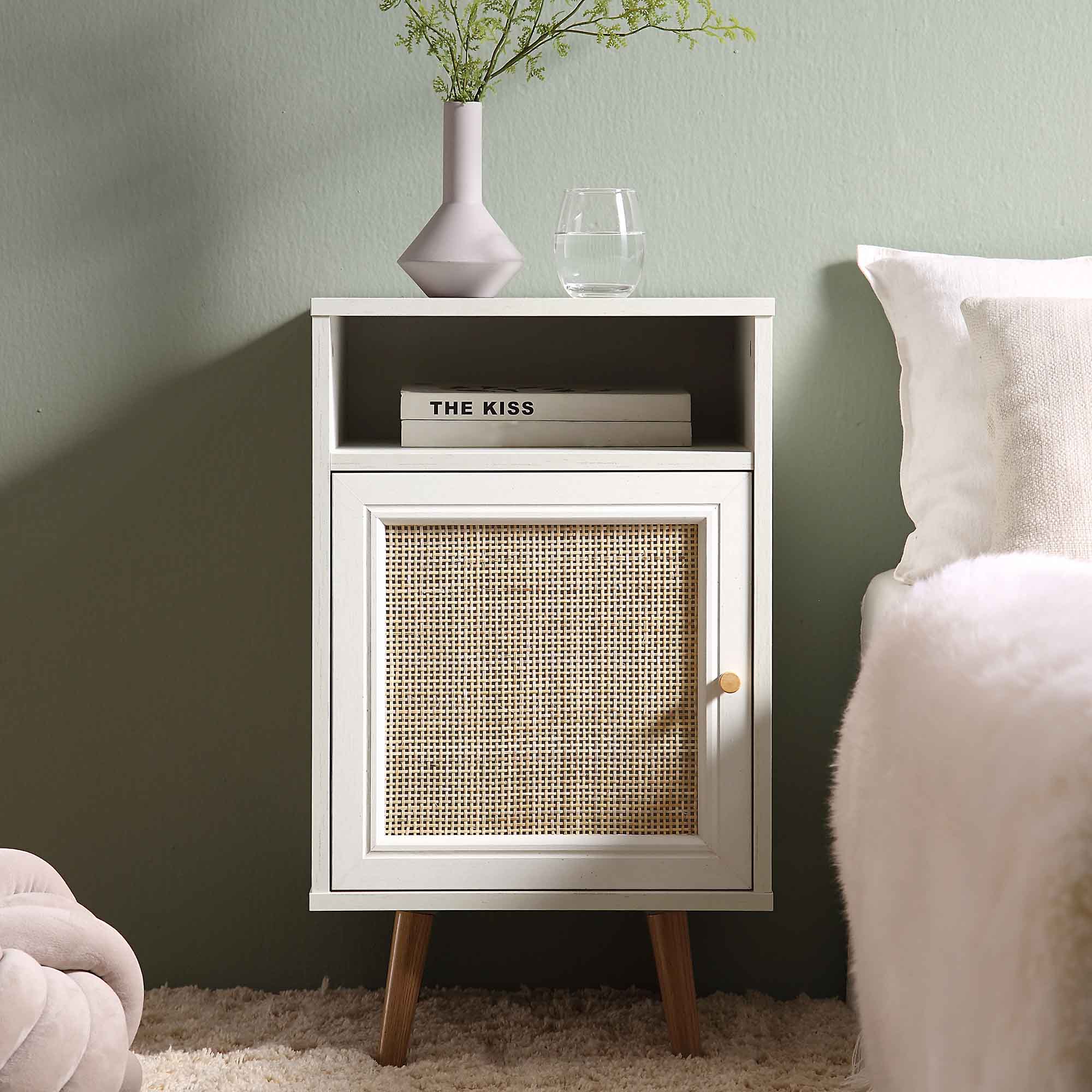 Frances Woven Rattan 1-Door Nightstand in White