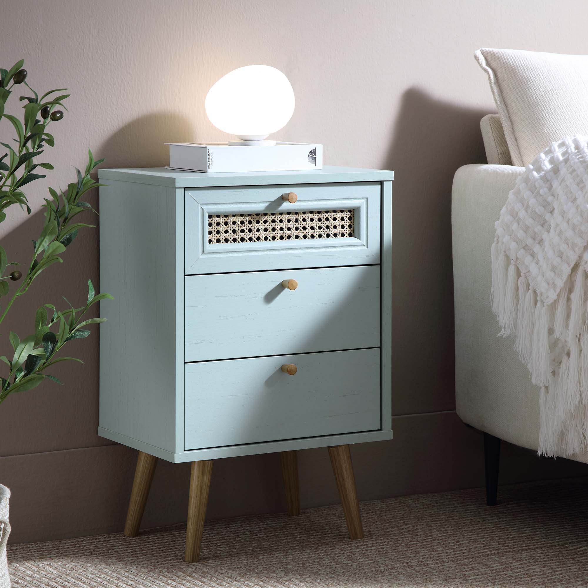 Anya Woven Rattan 3-Drawer Nightstand in Mint