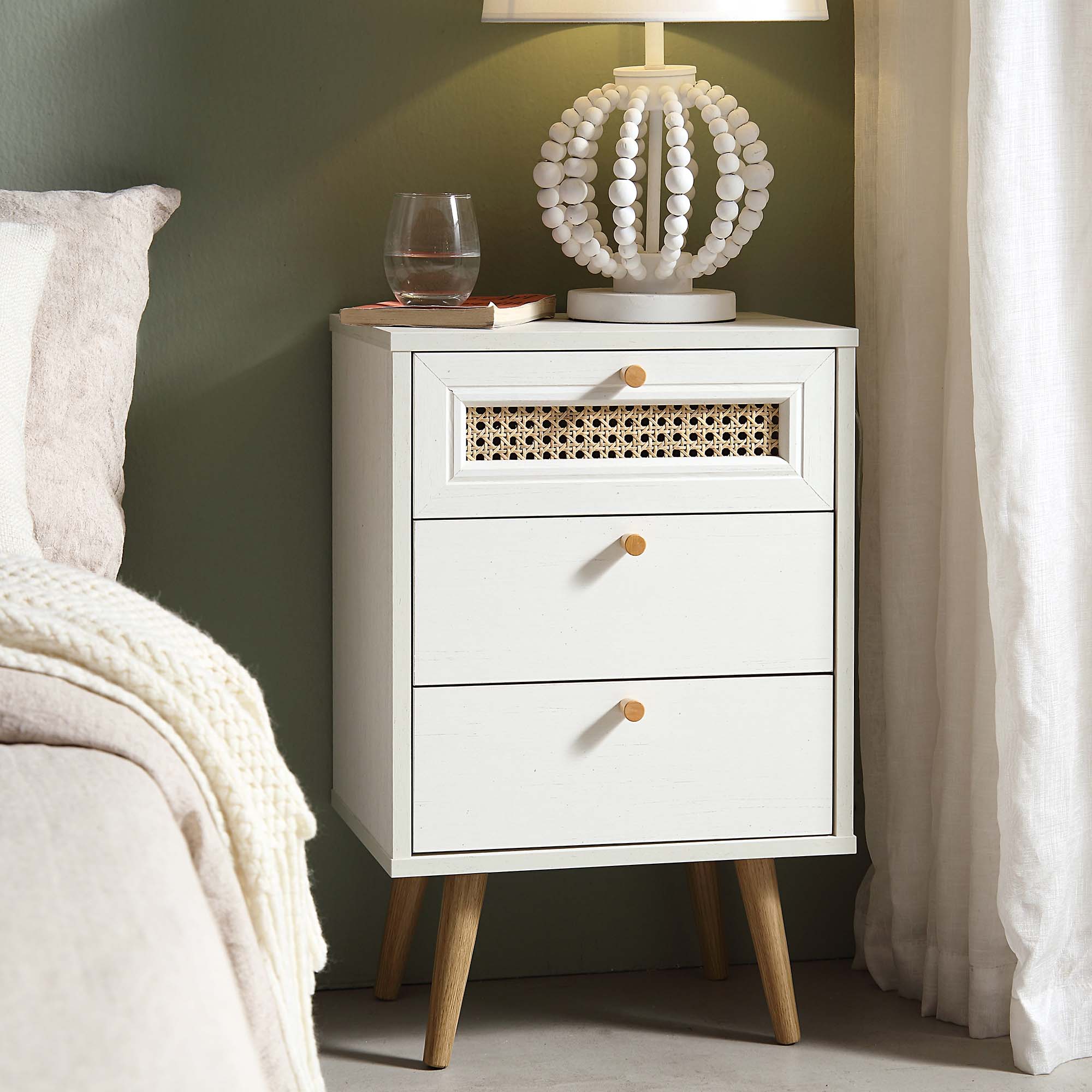 Anya Woven Rattan 3-Drawer Nightstand in White