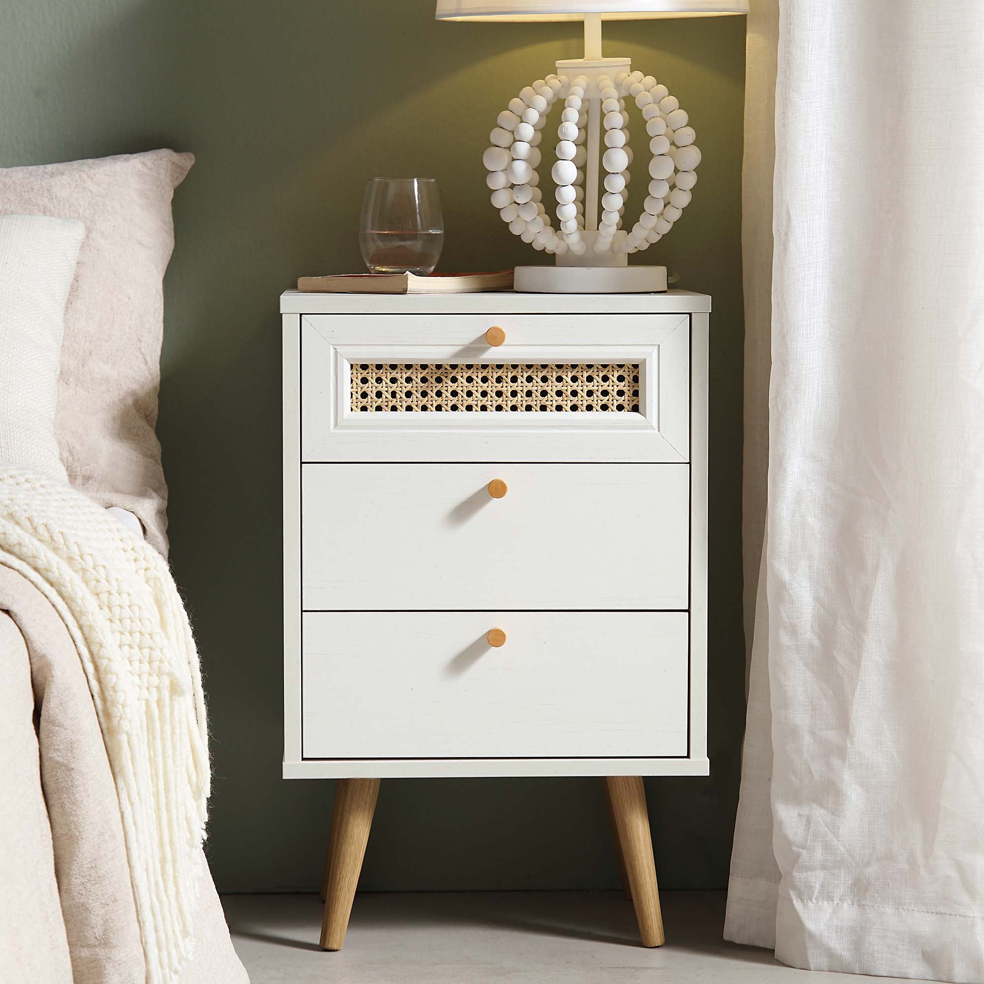 Anya Woven Rattan 3-Drawer Nightstand in White