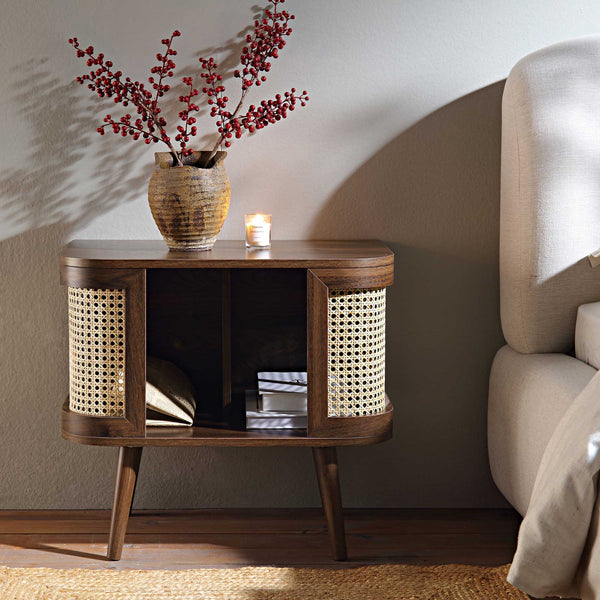 Izzy Curved Rattan Nightstand, Walnut