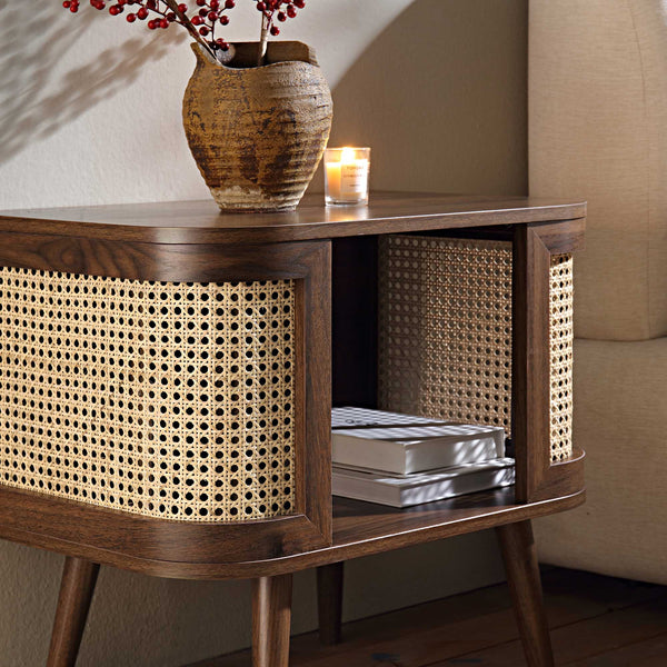 Izzy Curved Rattan Nightstand, Walnut