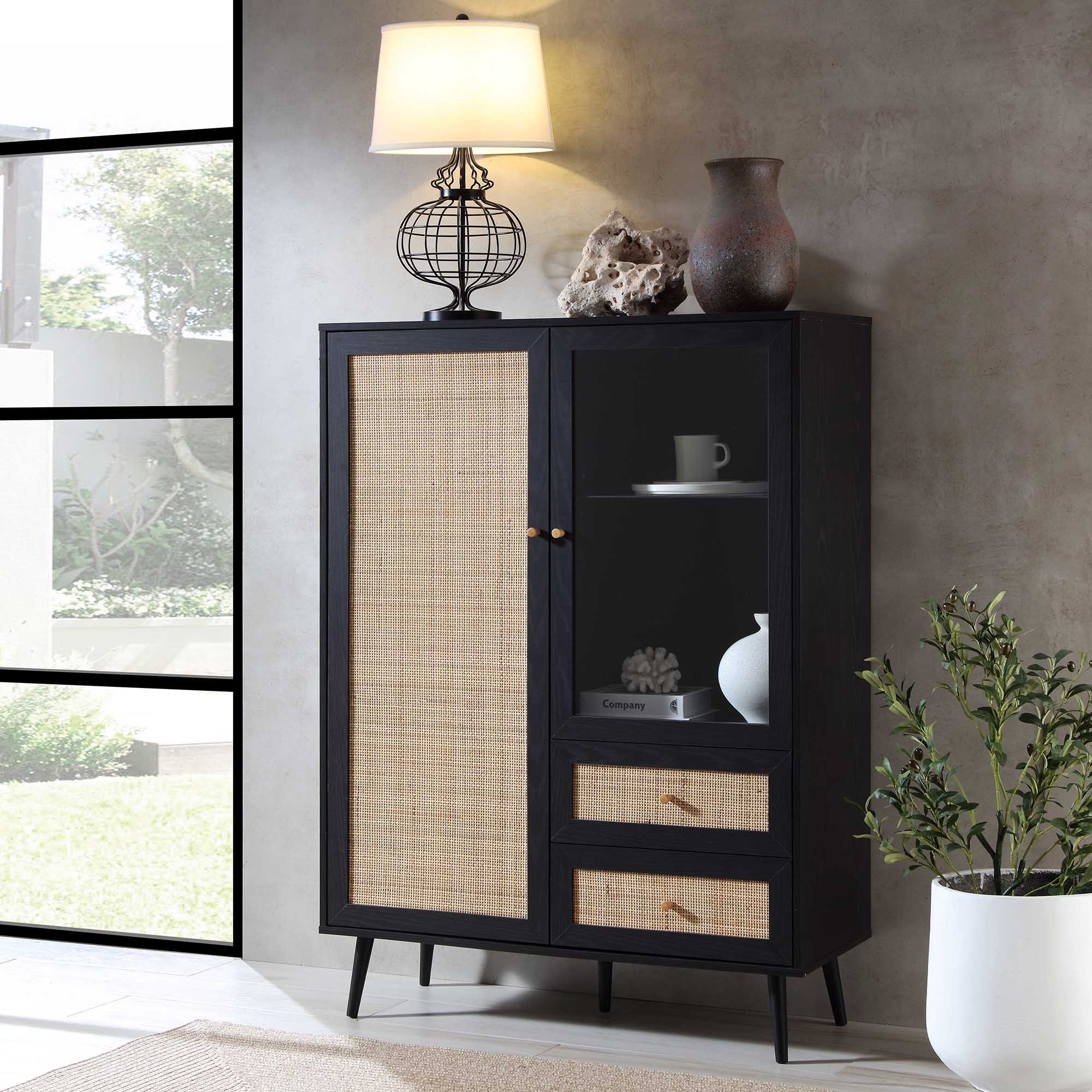 Frances Woven Rattan Display Cabinet, Black