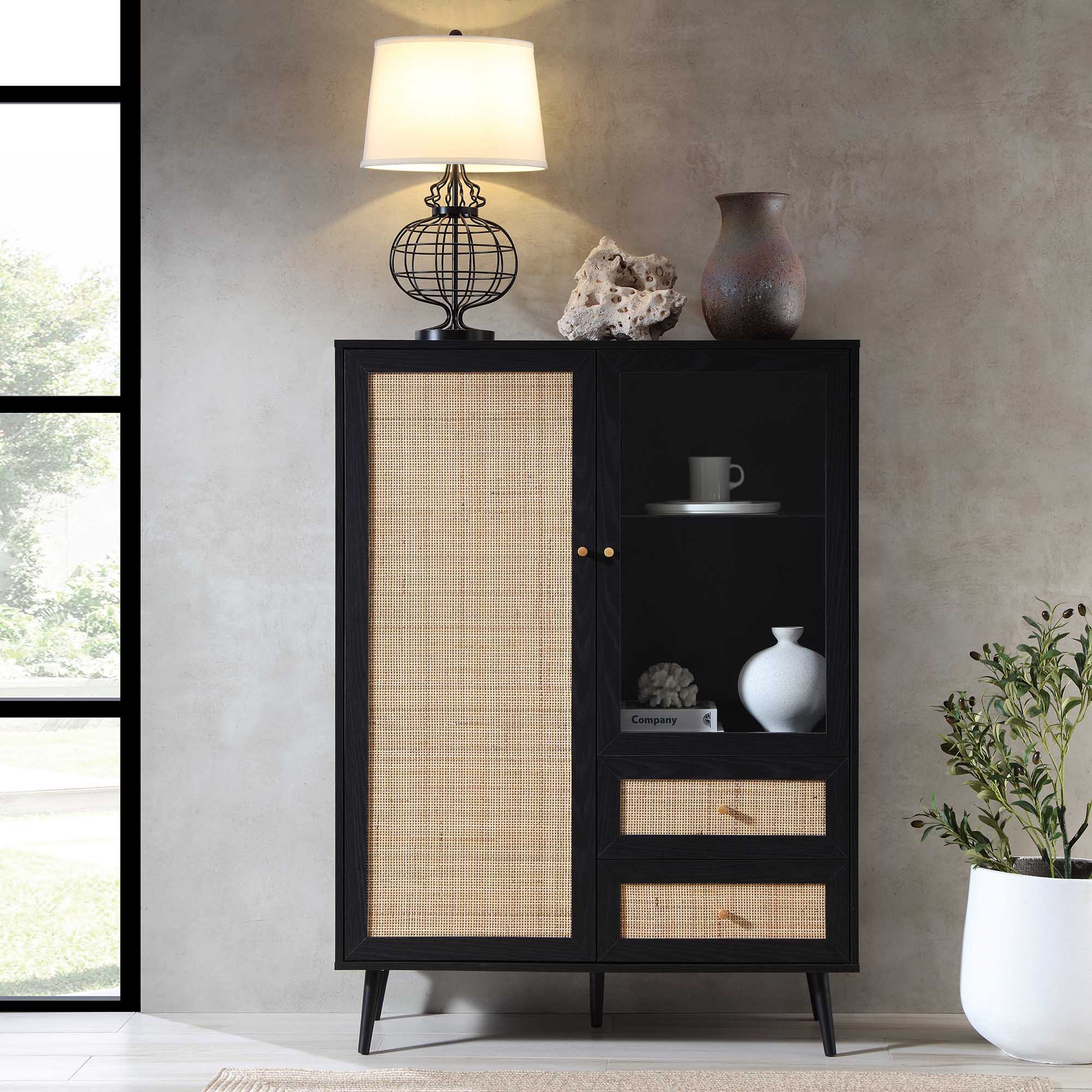 Frances Woven Rattan Display Cabinet, Black