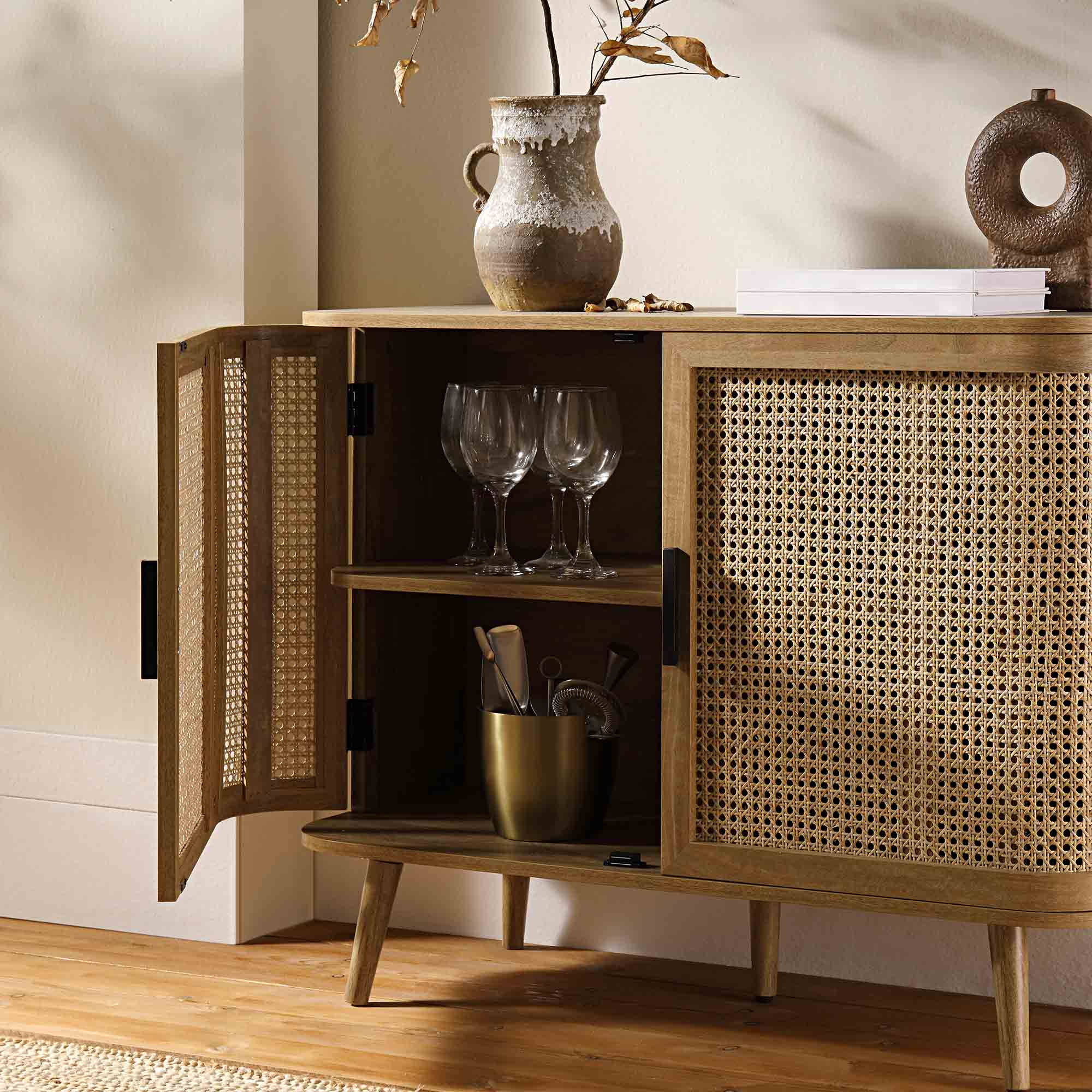 Izzy Curved Rattan 2-Door Small Sideboard, Natural