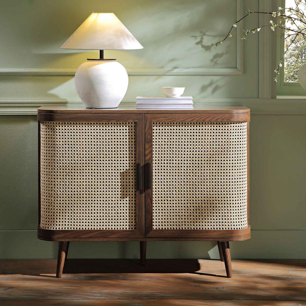 Izzy Curved Rattan 2-Door Small Sideboard, Walnut