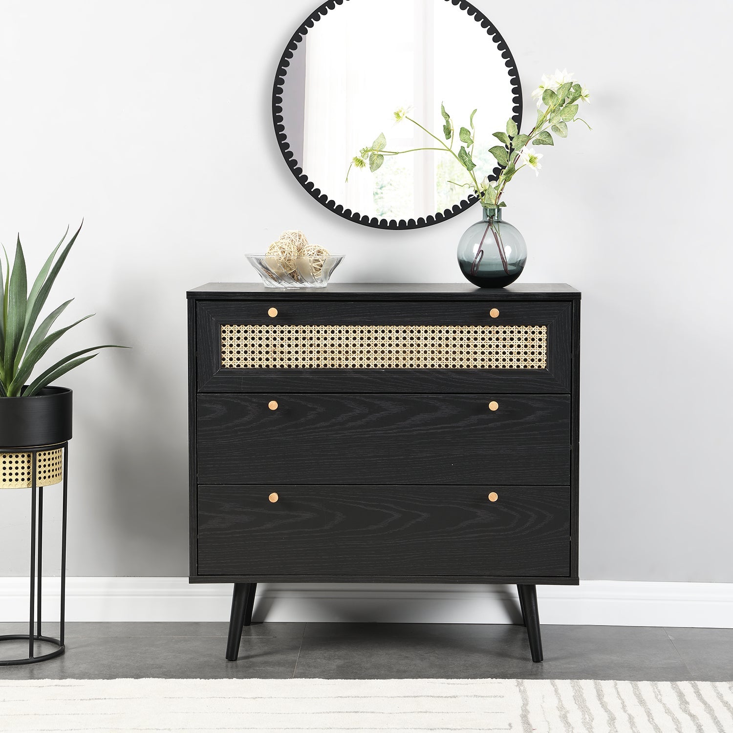 Anya Woven Rattan 3 Drawer Dresser in Black