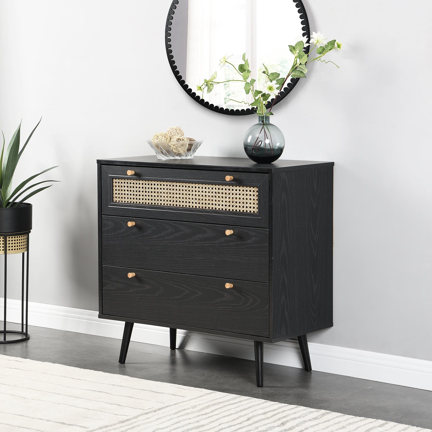 Anya Woven Rattan 3 Drawer Dresser in Black