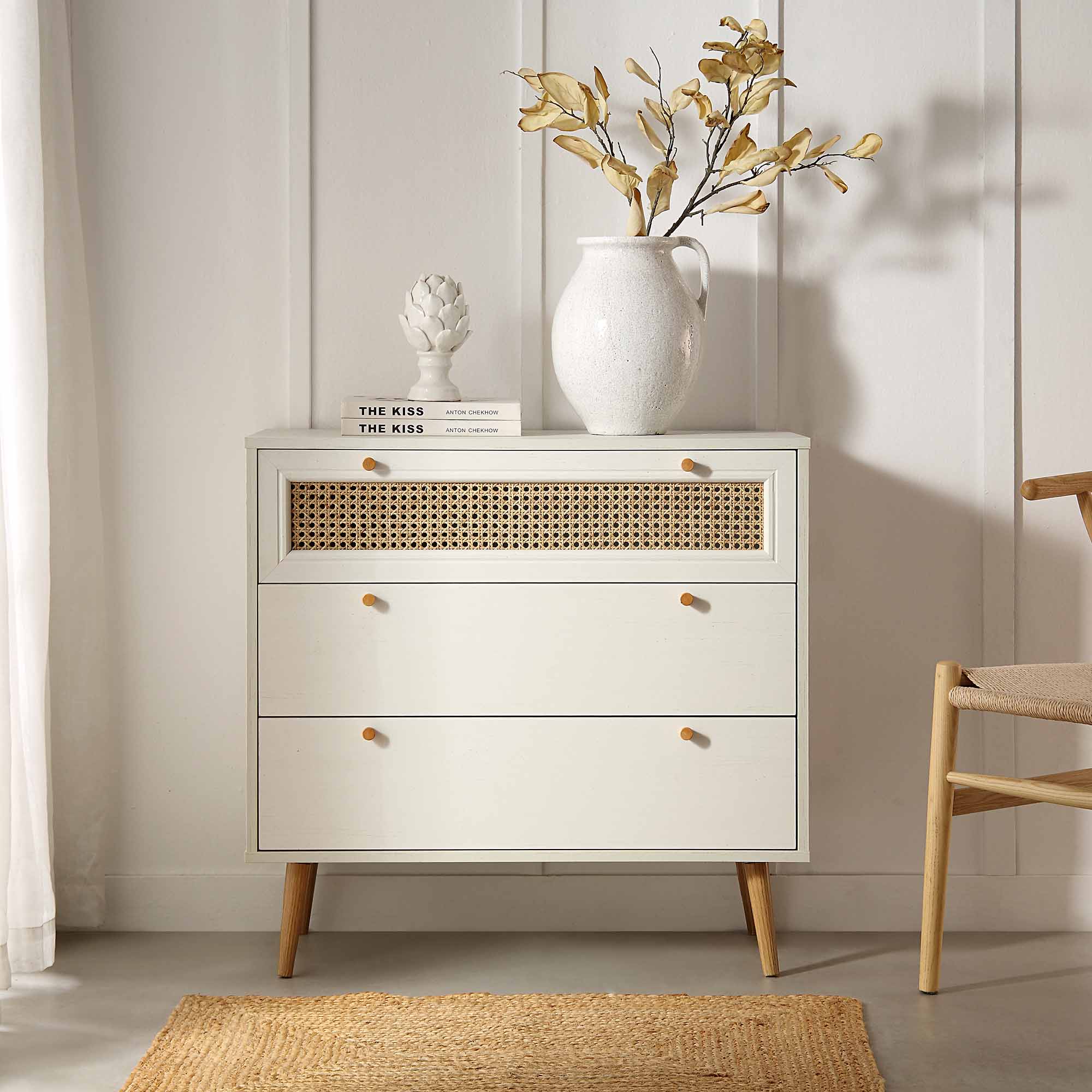 Anya Woven Rattan 3 Drawer Dresser in White