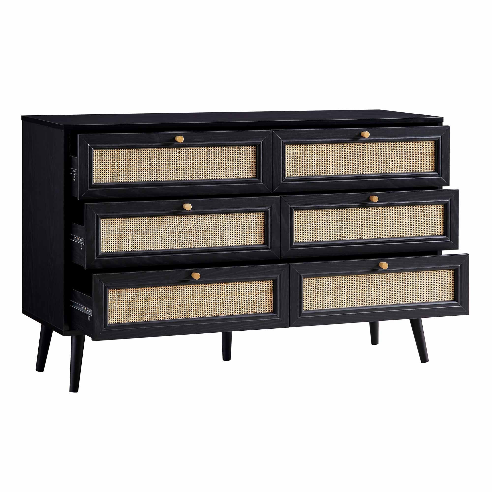 Frances Woven Rattan 6 Drawer Dresser, Black